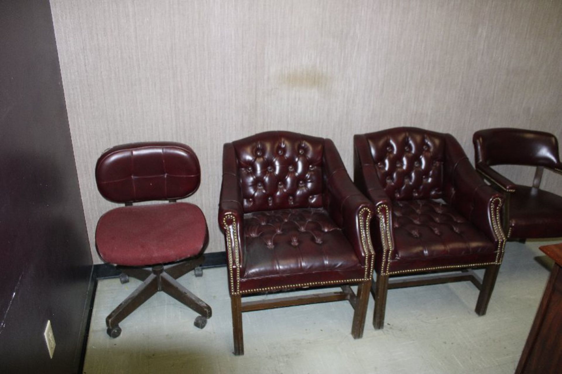Wooden Double Pedestal Desk, Credenza, 2 Upholstered Side Arm Chairs, Wooden Framed Bottom & Back