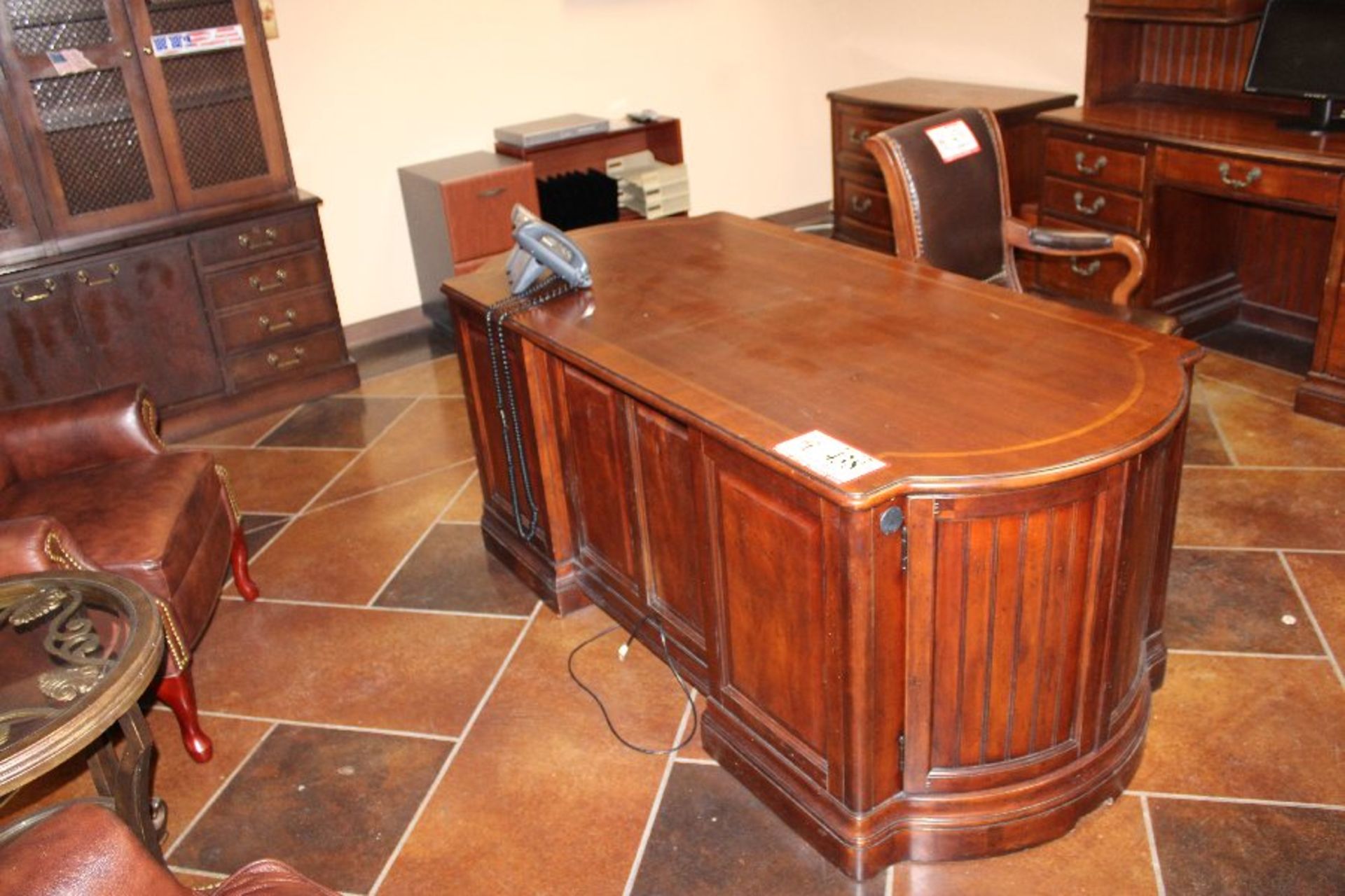 Walnut Double Pedestal Executive Desk w/ Matching Credenza w/ Hutch & (2) Walnut Matching 2 Drawer