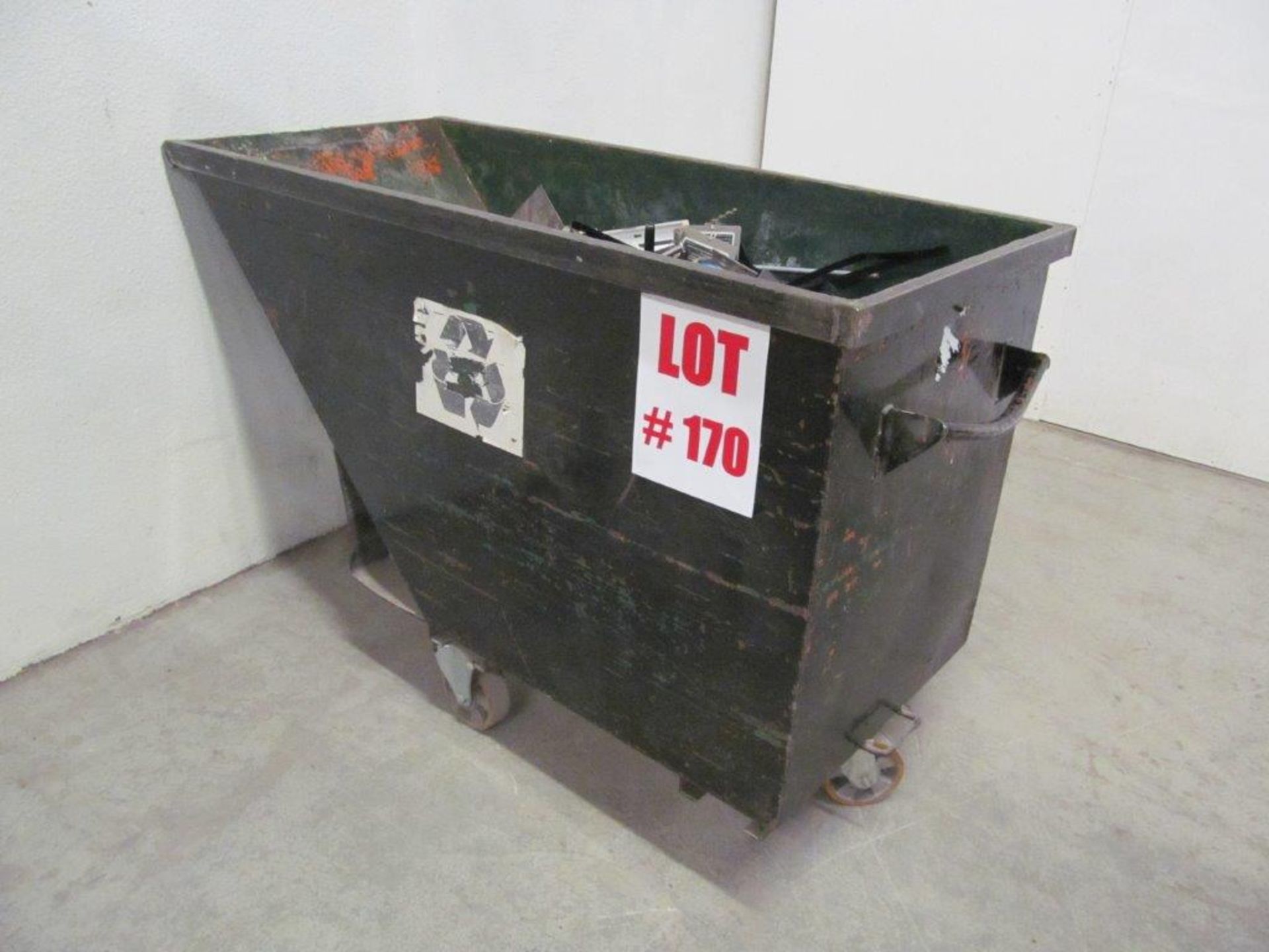 STEEL SCRAP BIN ON CASTERS, 64'' LONG X 28'' WIDE X 34'' DEEP (CONTENTS NOT INCLUDED)