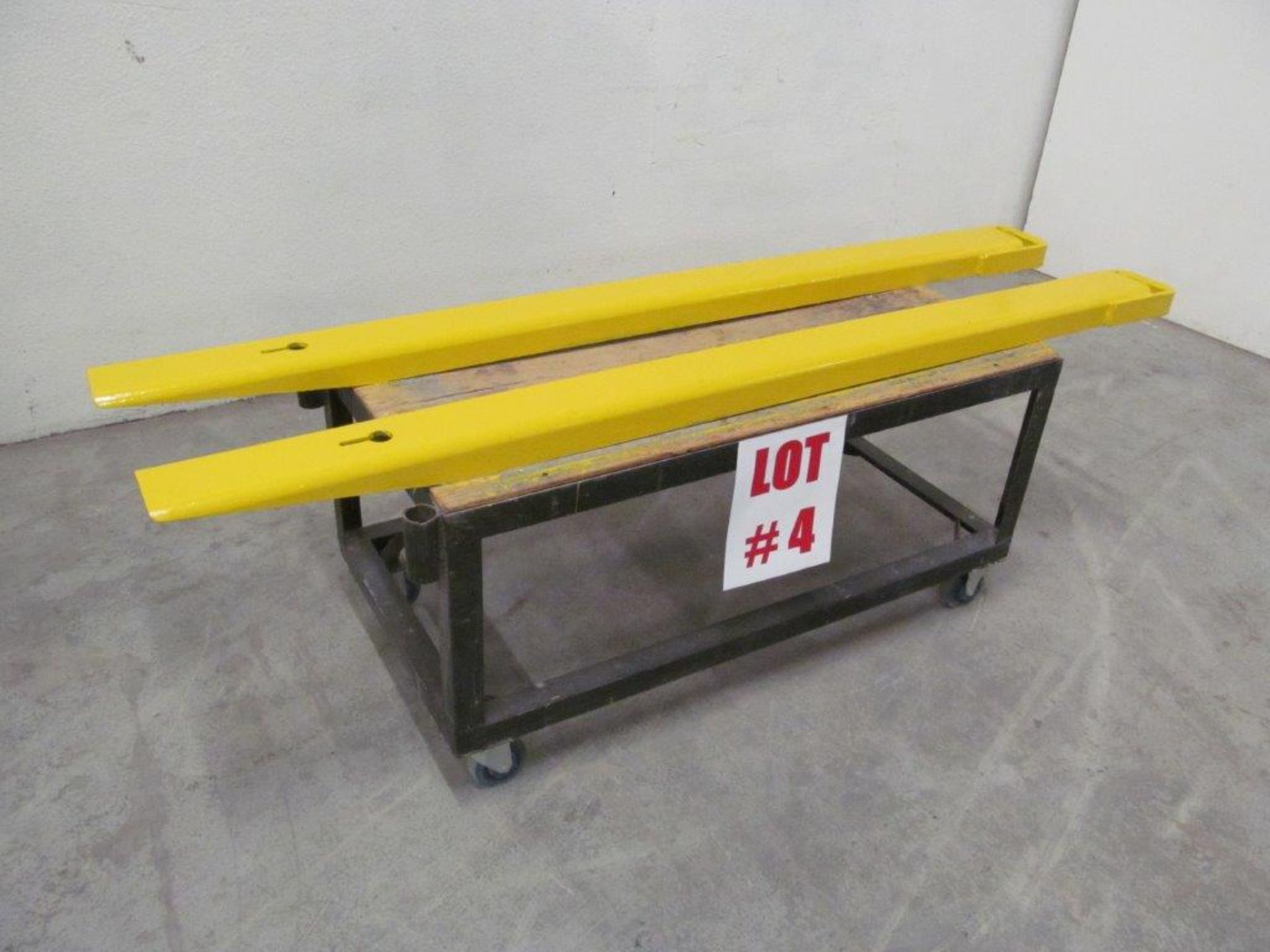 FORK EXTENSIONS FOR LOT # 3, 5'' WIDE, 74'' LONG, 2 3/4'' THICK, C/W ROLL AROUND CART