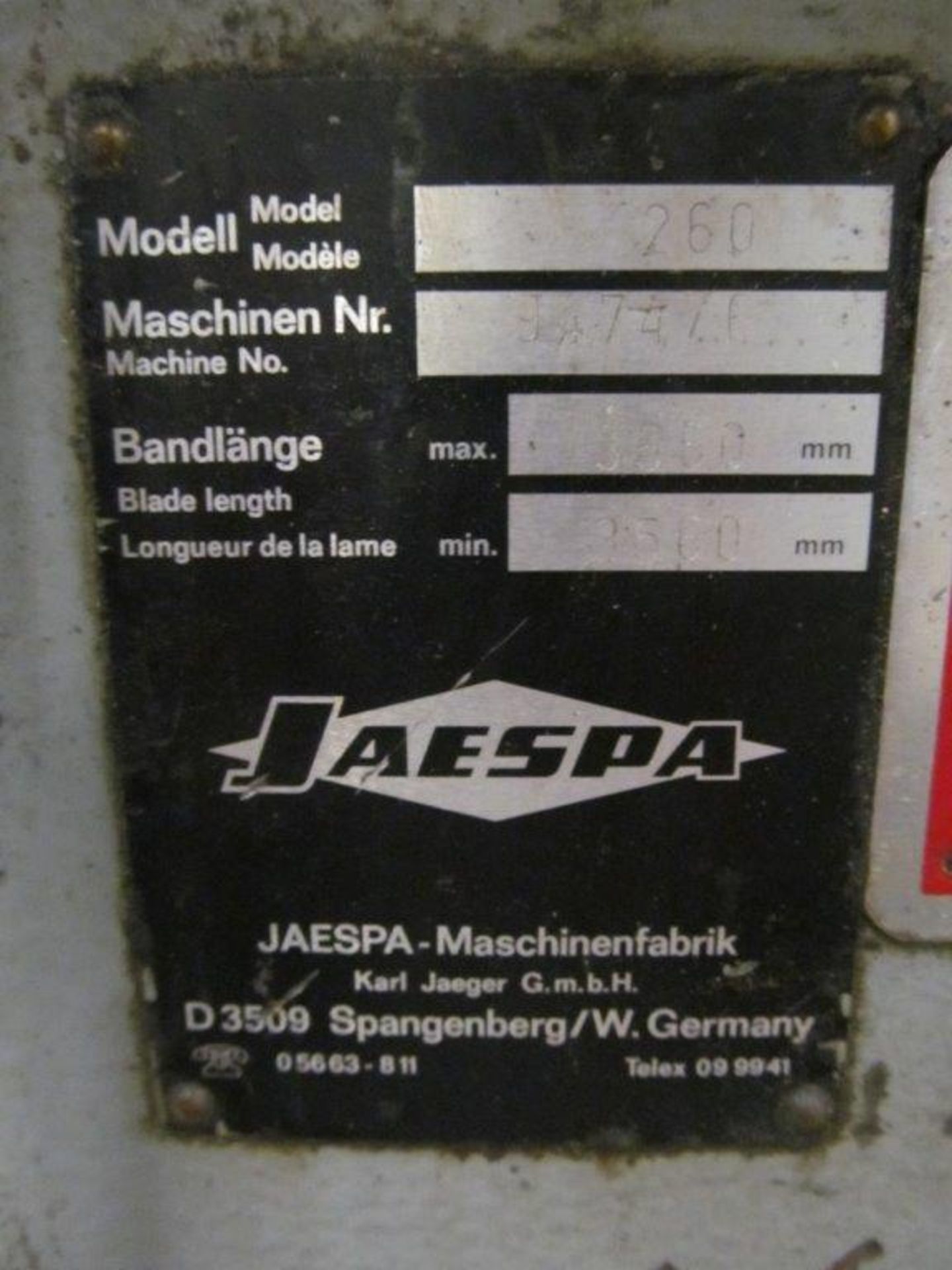 JAESPA HORIZONTAL BANDSAW MODEL 260, CAPACITY 1'' X 24'' (MADE IN GERMANY), ELECTRICS: 220V/3PH/60C - Image 7 of 7