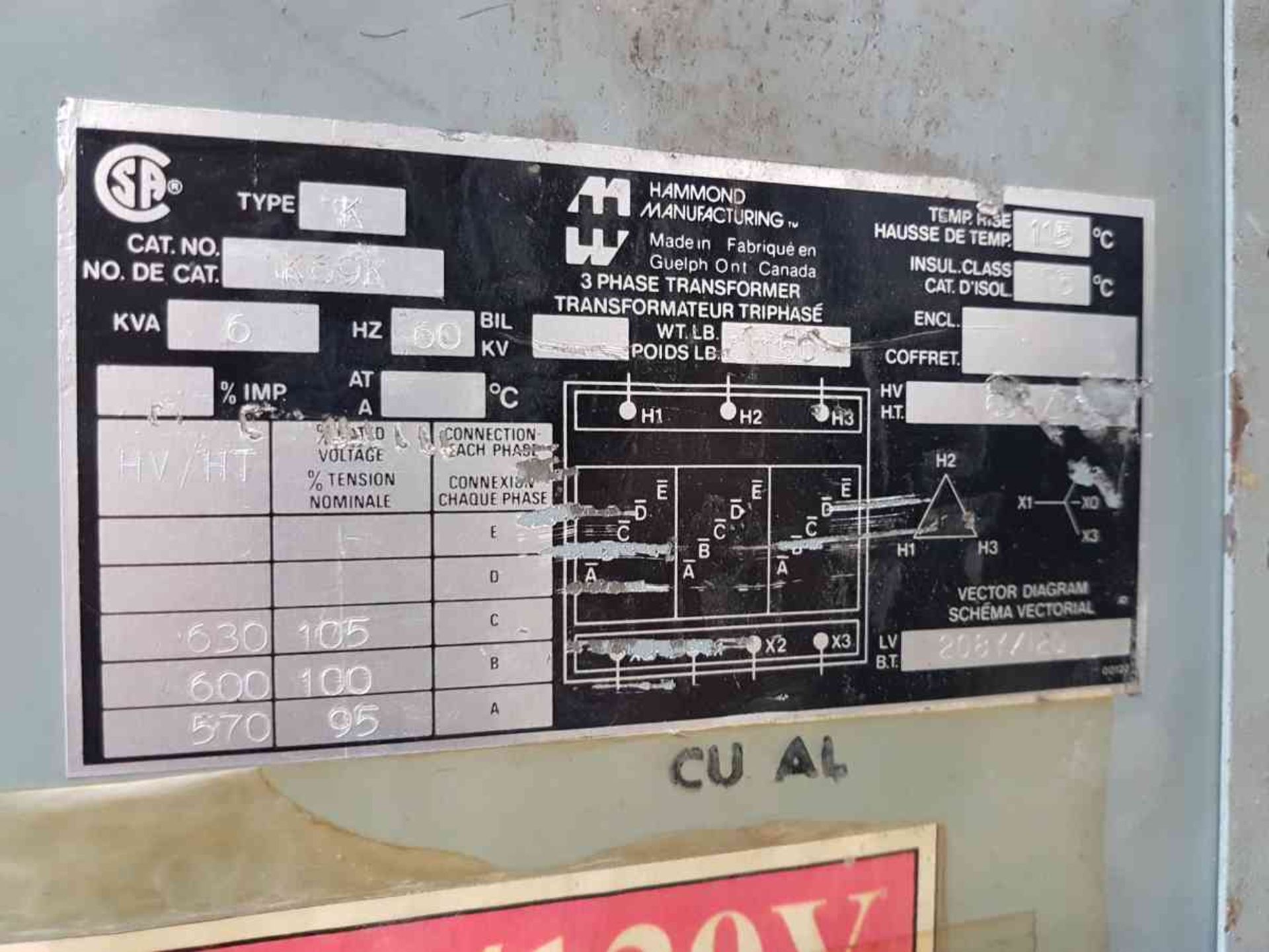 HAMMOND TRANSFORMER, 6KV, 630V/105V, 600/100V, 570/95V - Image 2 of 3