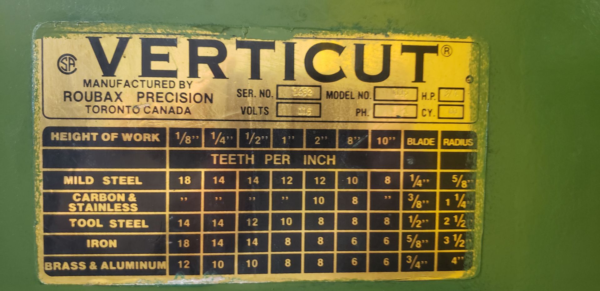 Baxter/Verticut 115B Bandsaw, ELECTRICS: 115V/1PH/60C - Location : Boisbriand , Quebec (Canada) - Image 2 of 2