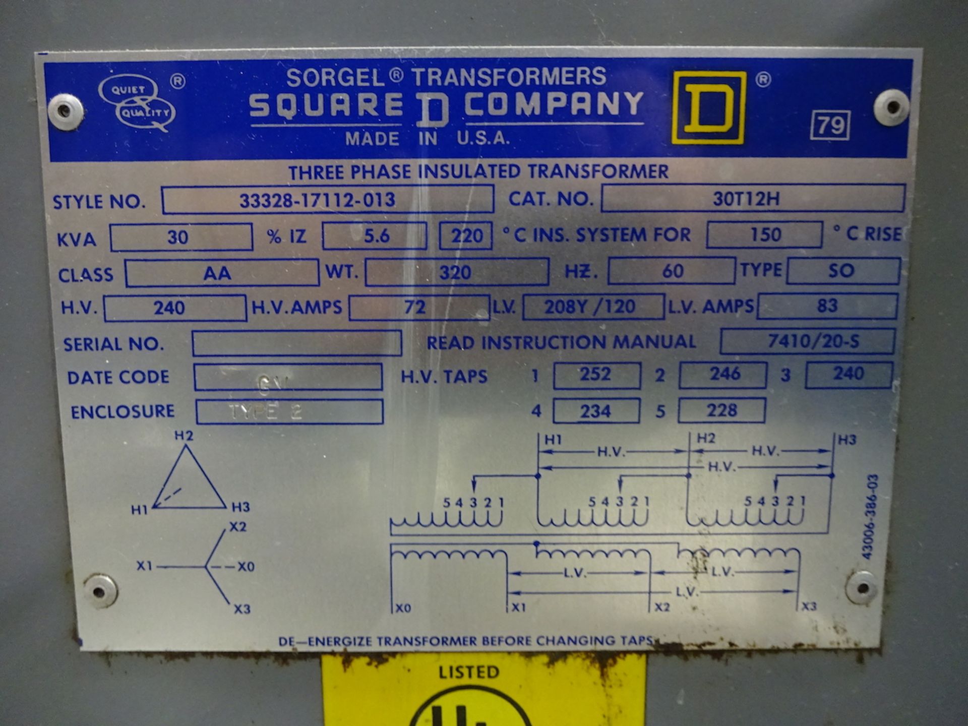 Square D 3-Phase Insulated Transformer, 30 KVA - Image 2 of 2