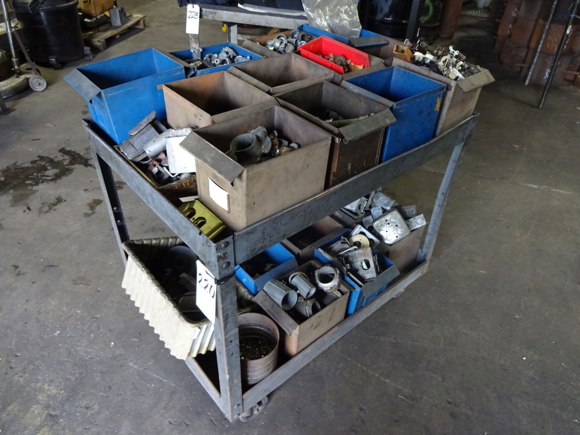 LOT: Steel Shop Cart with Assorted Electrical Parts