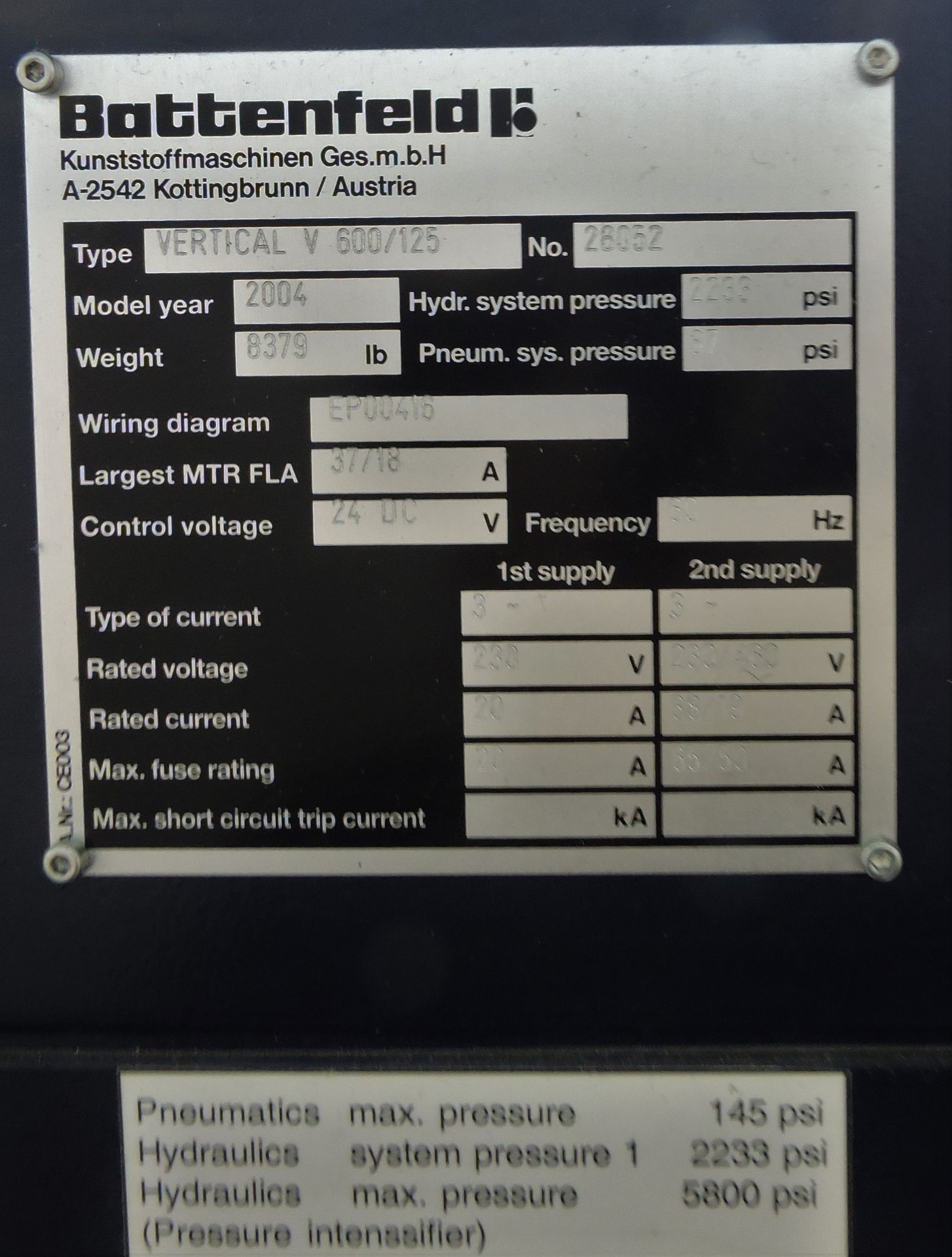 Battenfeld Model Vertical V 600/125 Vertical Plastic Injection Molder (2004) (Sunrise , FL) - Image 8 of 38