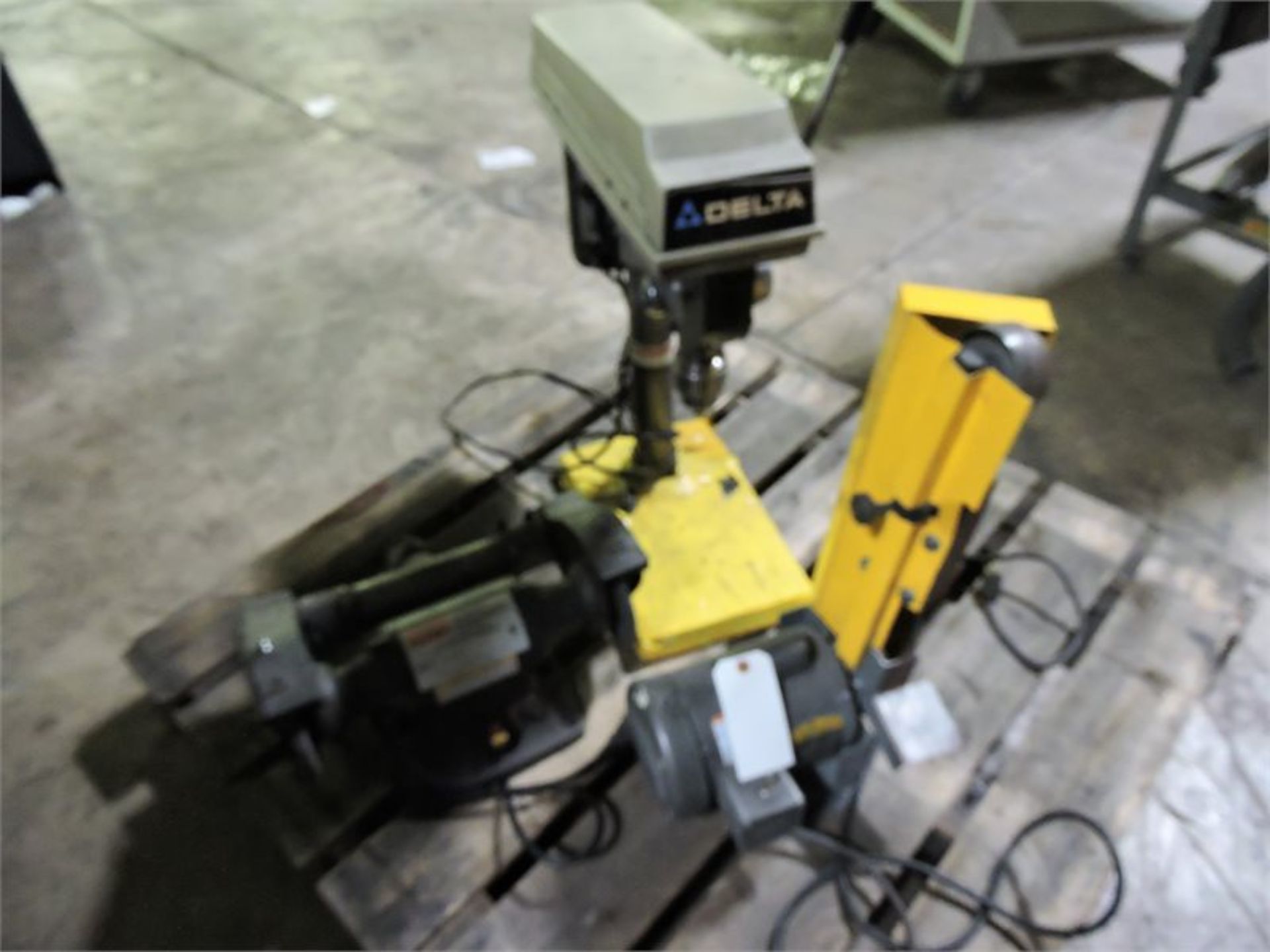 1 Delta drill press on 12” x ½” with motor / kalamazoo sander/ 6” benchgrinder on pallet