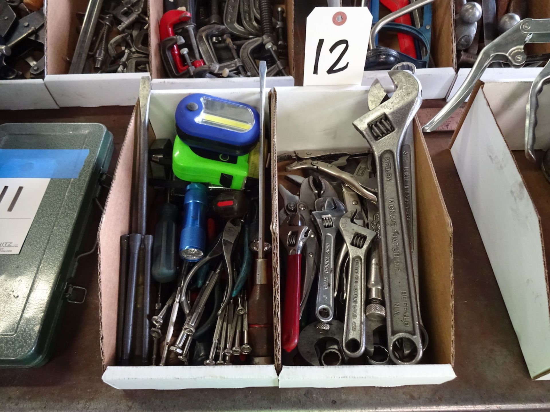 LOT: ASSORTED HAND TOOLS: INCLUDING SCREW DRIVERS, VISE GRIPS, WRENCHES, ETC. (IN 2 BOXES)