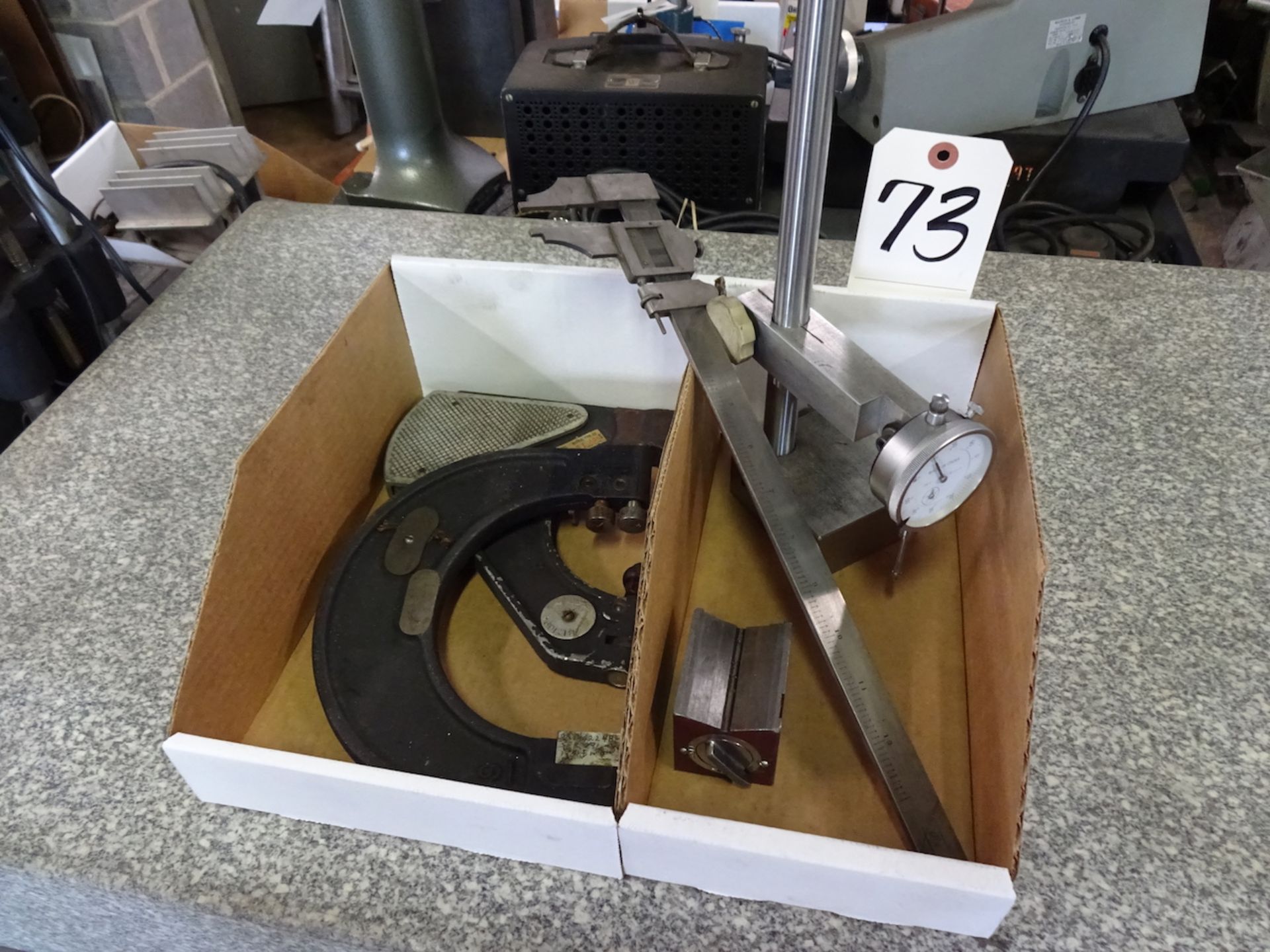 LOT: SNAP GAGES, CALIPER, INDICATOR STAND (IN 2 BOXES)