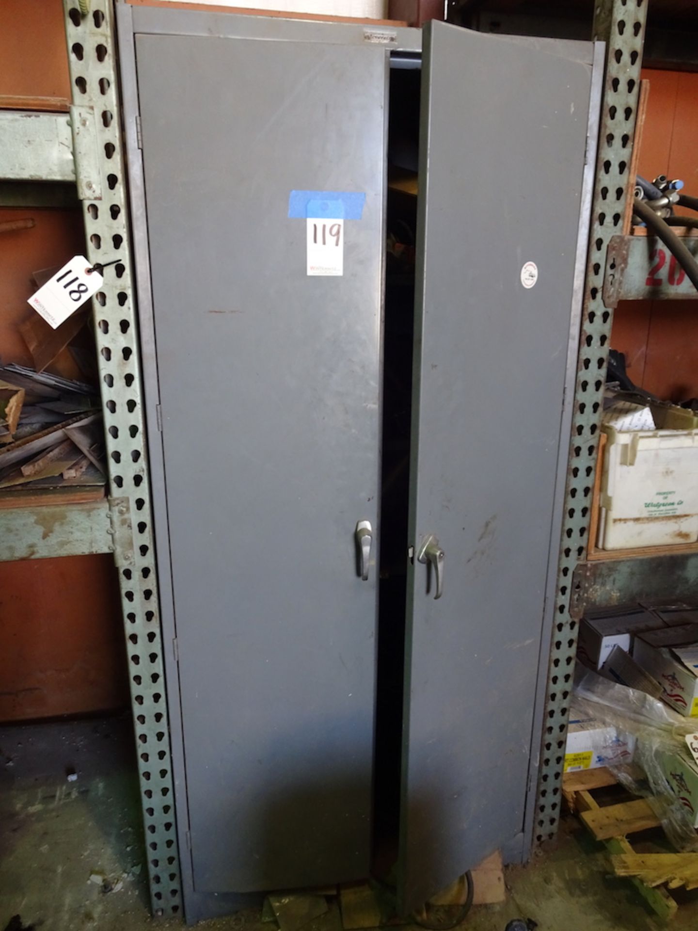 GRAY METAL TWO DOOR CABINET WITH CONTENTS, PARTS, ROPE, ETC. - Image 2 of 2