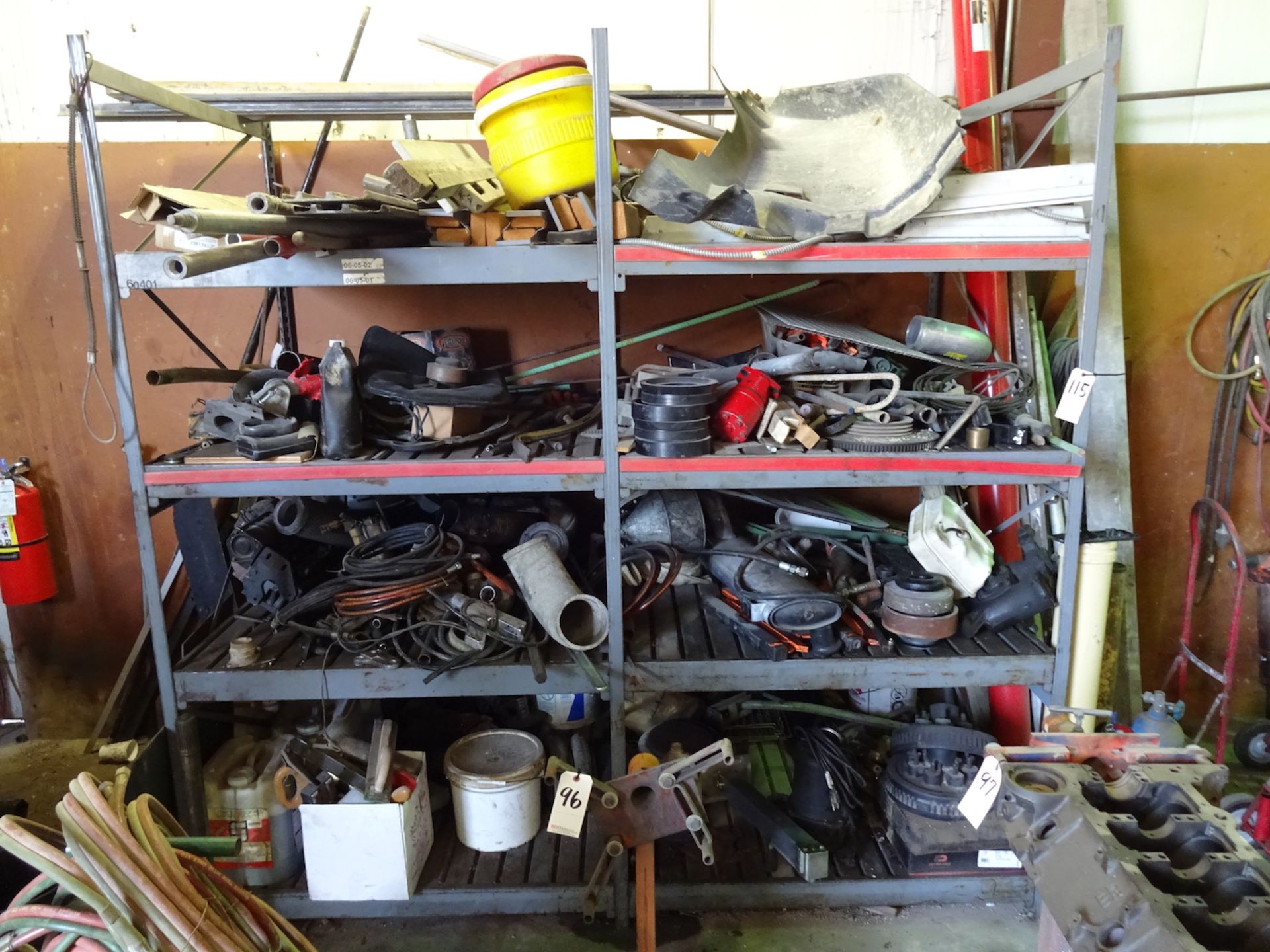 LARGE TWO SECTION METAL SHELVING UNIT WITH CONTENTS, ASSORTED PARTS