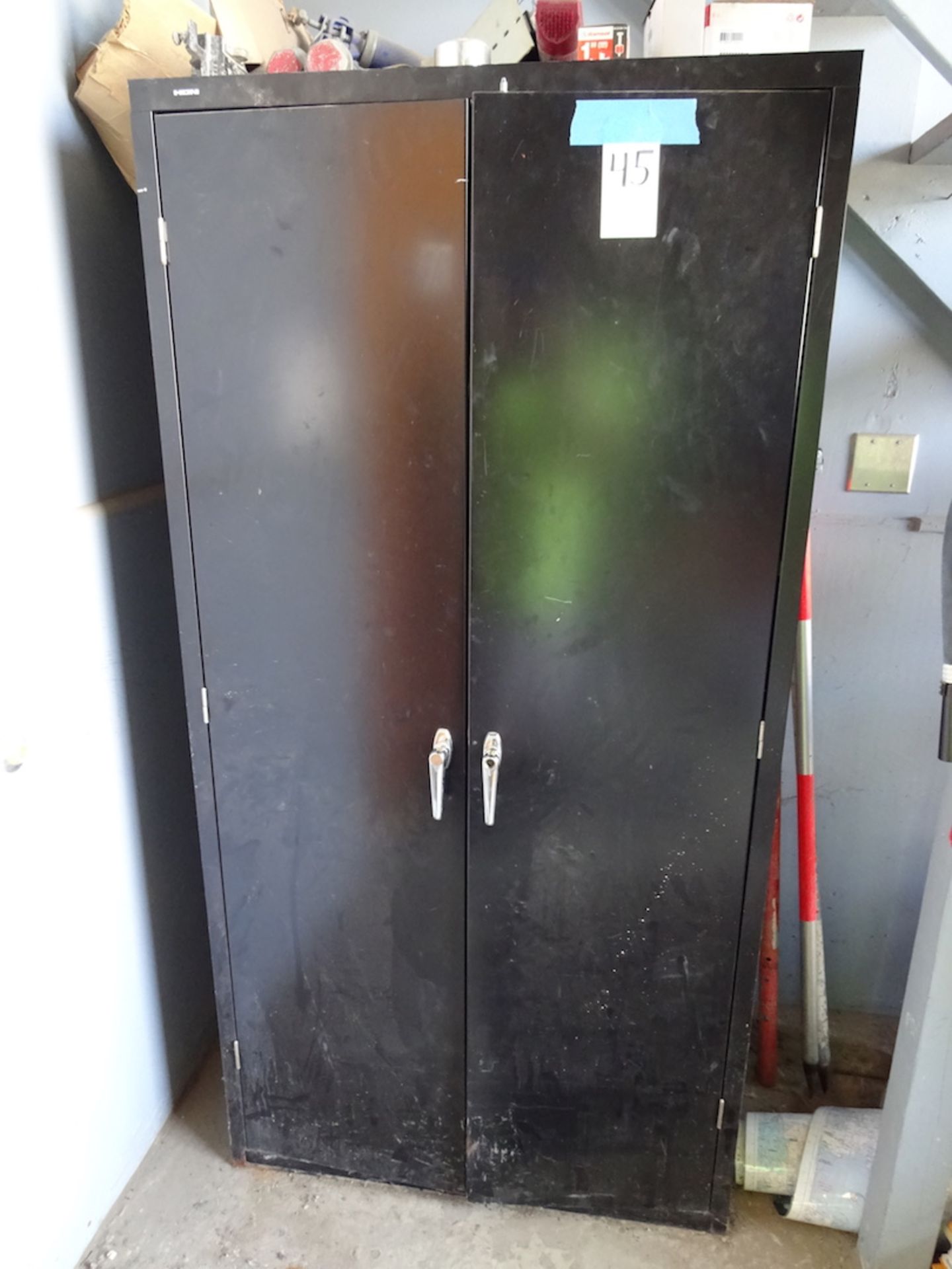 TWO DOOR METAL CABINET WITH CONTENTS, LOCKS, HILTI FASTENERS, GOGGLES, ETC.