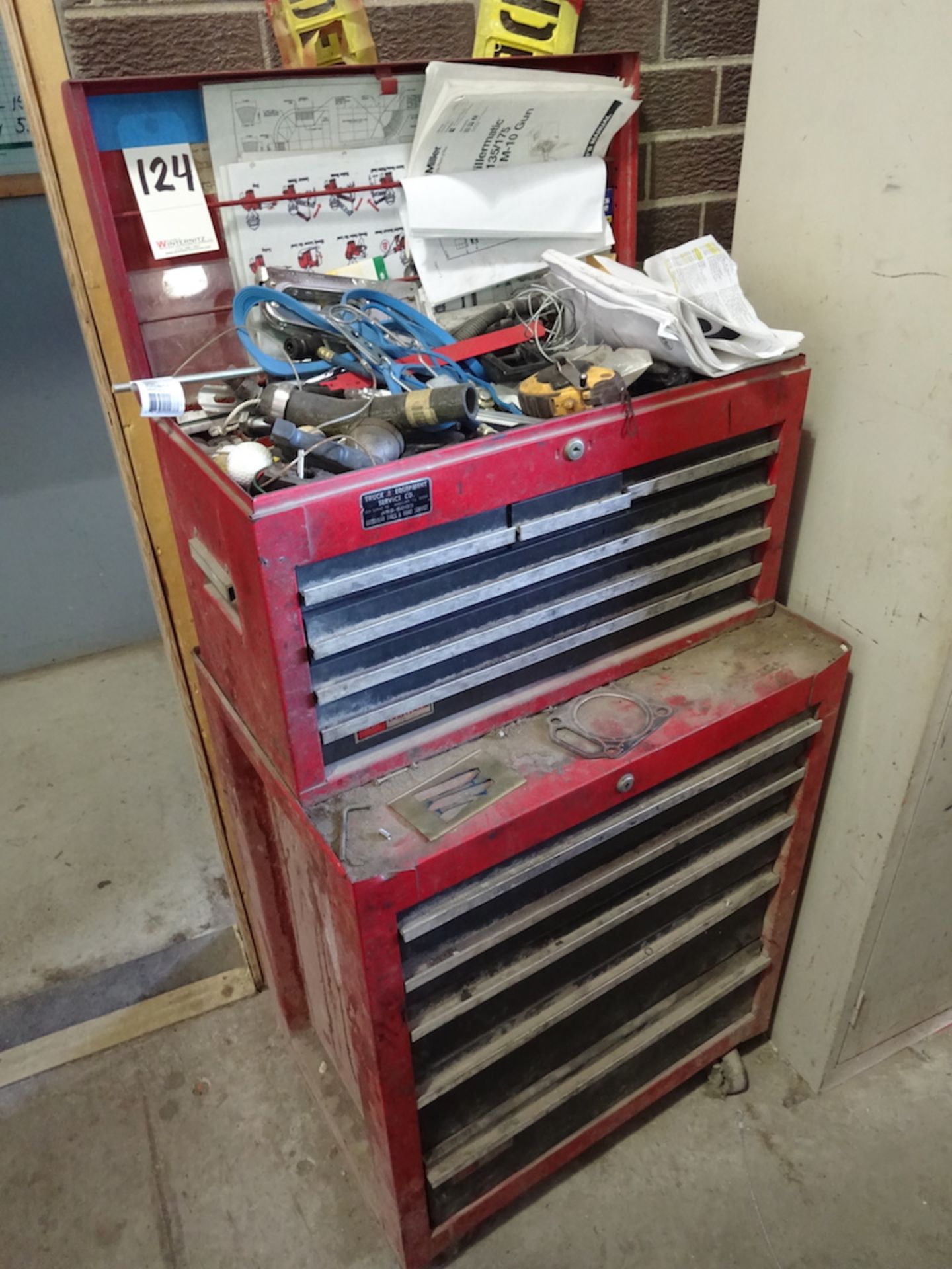 CRAFTSMAN TWO PIECE TOOLBOX WITH CONTENTS, ASSORTED PARTS AND MISC. IN TWELVE DRAWERS