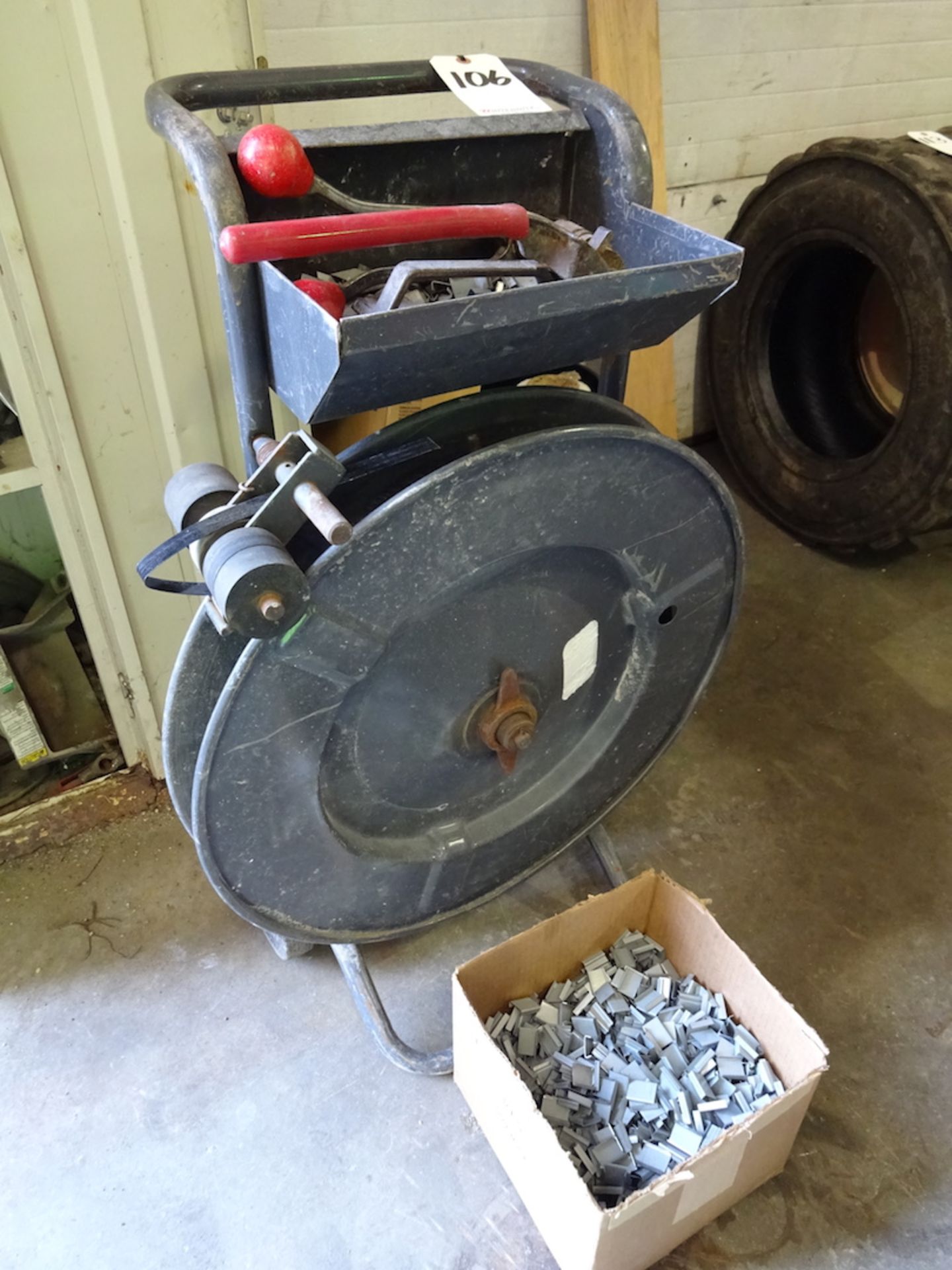 BANDING CART WITH METAL BANDING, TOOLS AND BOX OF FARRELS