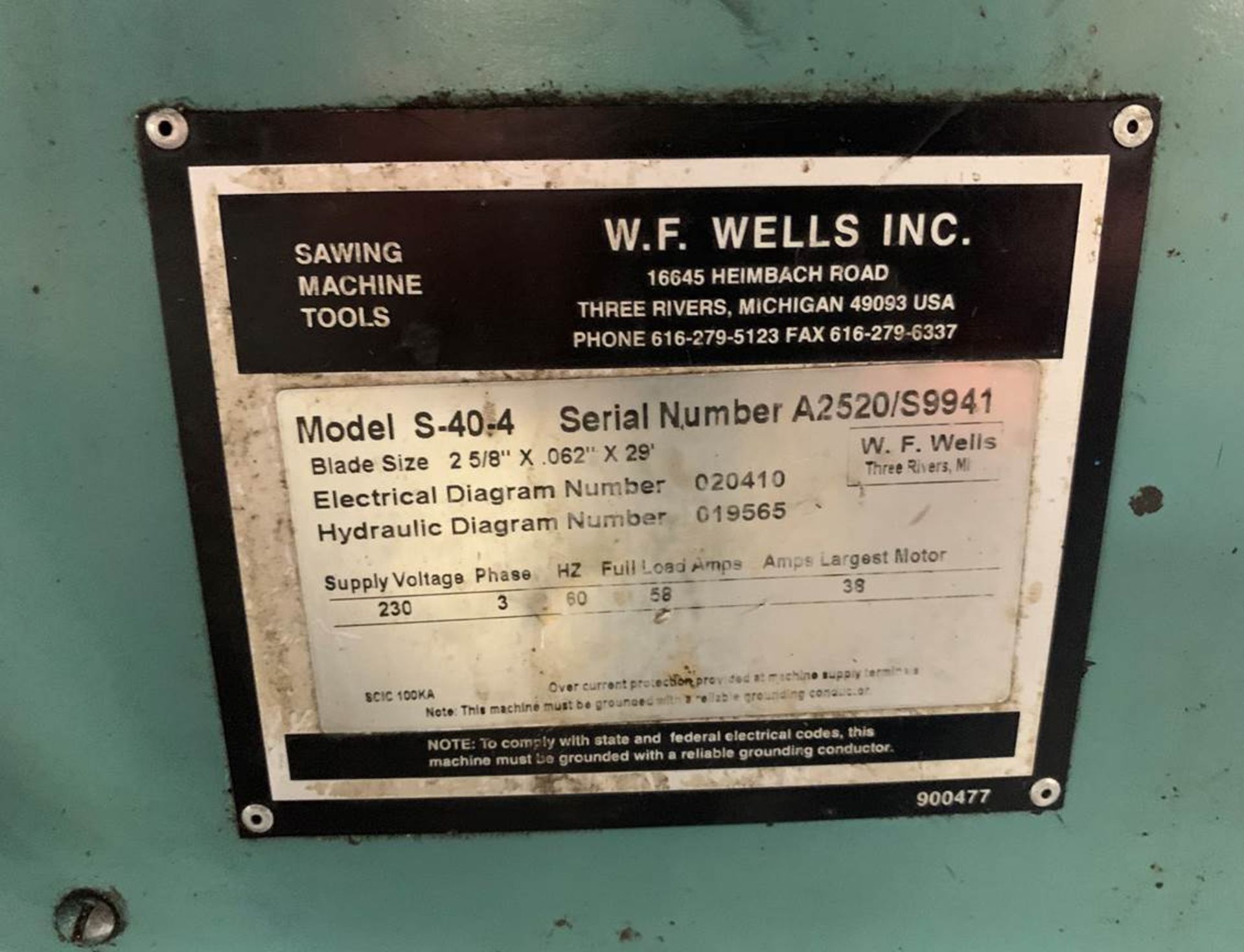 W.F. WELLS MODEL S-40-4 LARGE CAPACITY SEMI AUTOMATIC TWIN COLUMN BANDSAW: S/N A2520/S9941 - Image 3 of 3