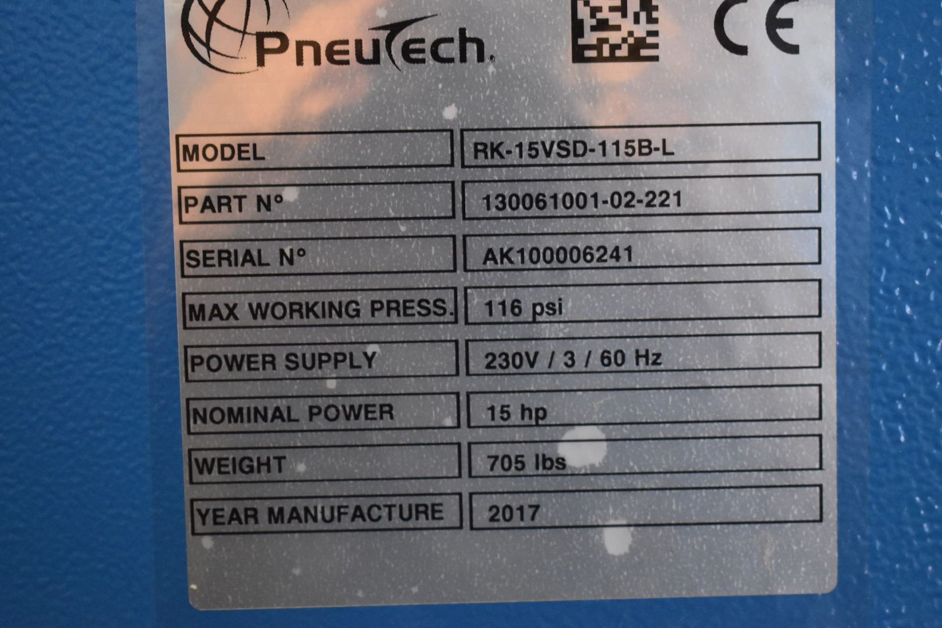 2017 PneuTech 15 HP Model RK-15VSD-115B-L Air Compressor, S/N AK100006241, 116 PSI Max. Working - Image 4 of 4