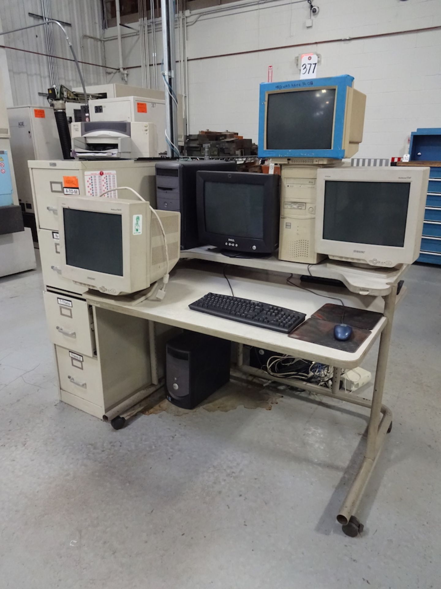 LOT: Assorted Computer Monitors, Towers, Table & File Cabinet