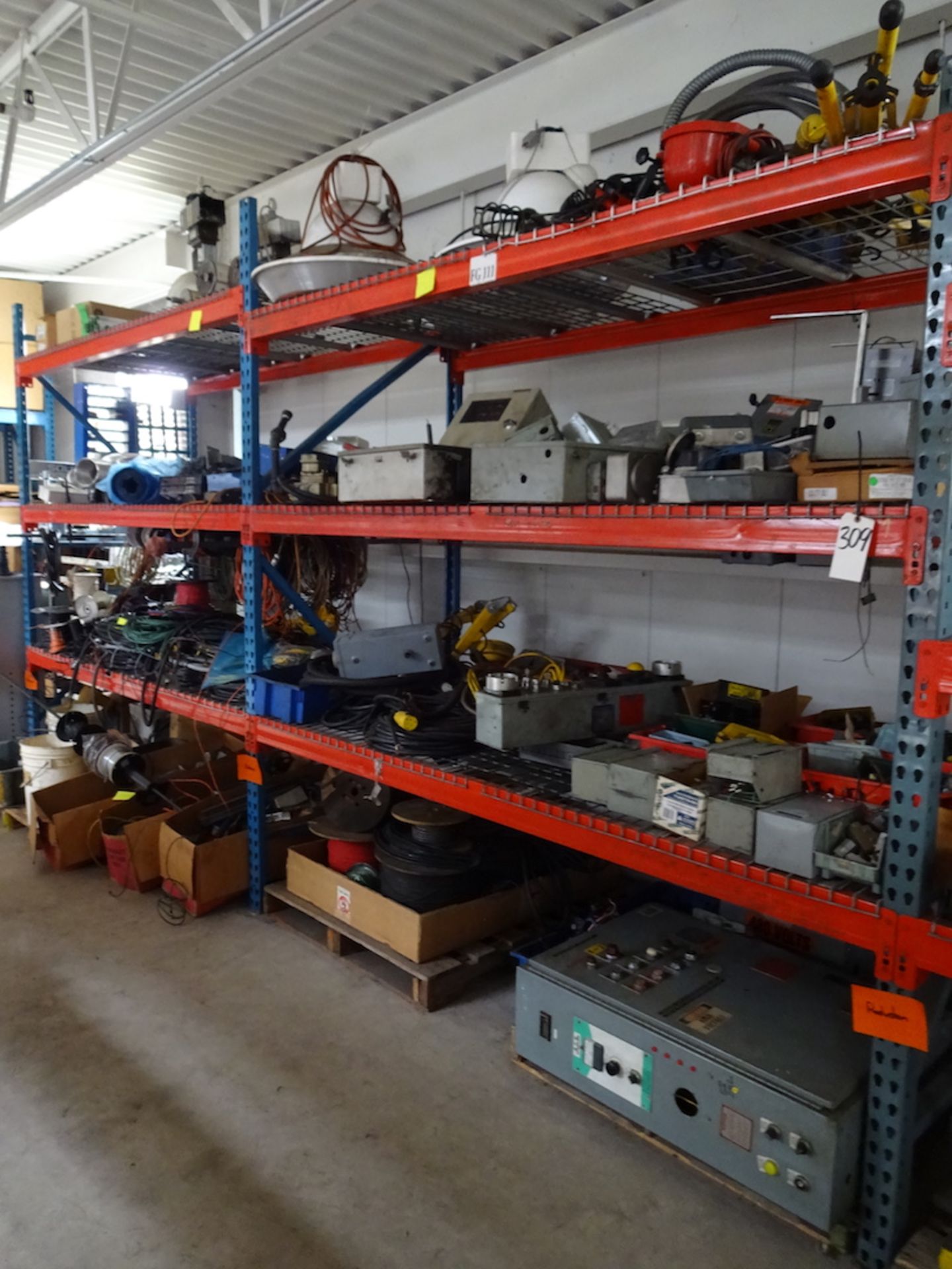 LOT: Assorted Electrical Components including Wire, Fuse Boxes, Lights, etc. (on pallet rack)