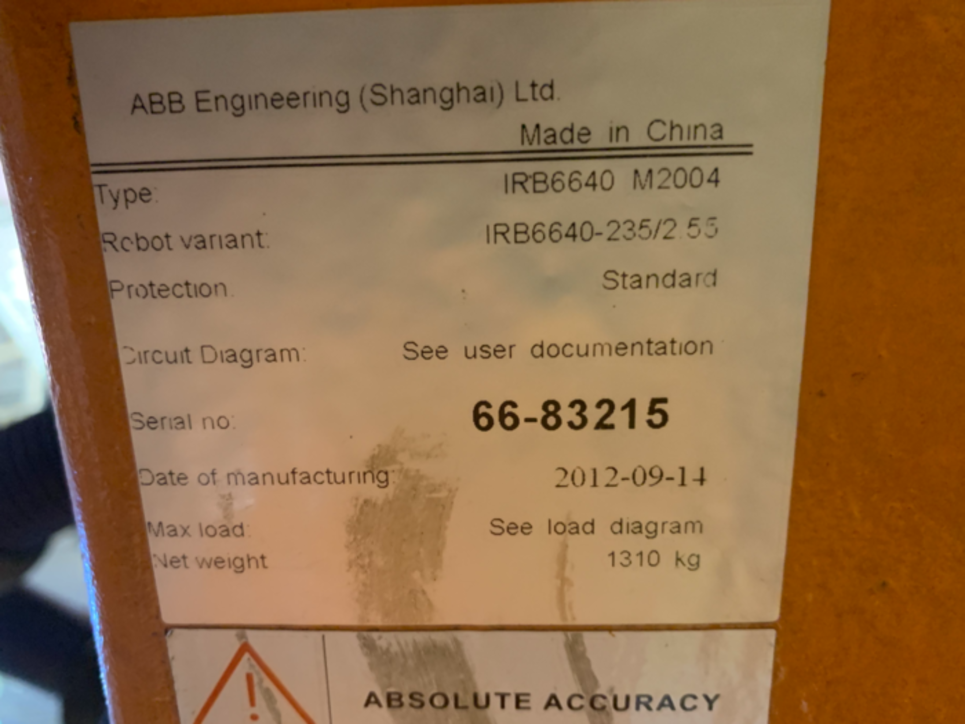 ABB IRB 6640 6 AXIS CNC ROBOT 235KG X 2.55, IRC5 CONTROLLER, YEAR 2012 - Image 3 of 5
