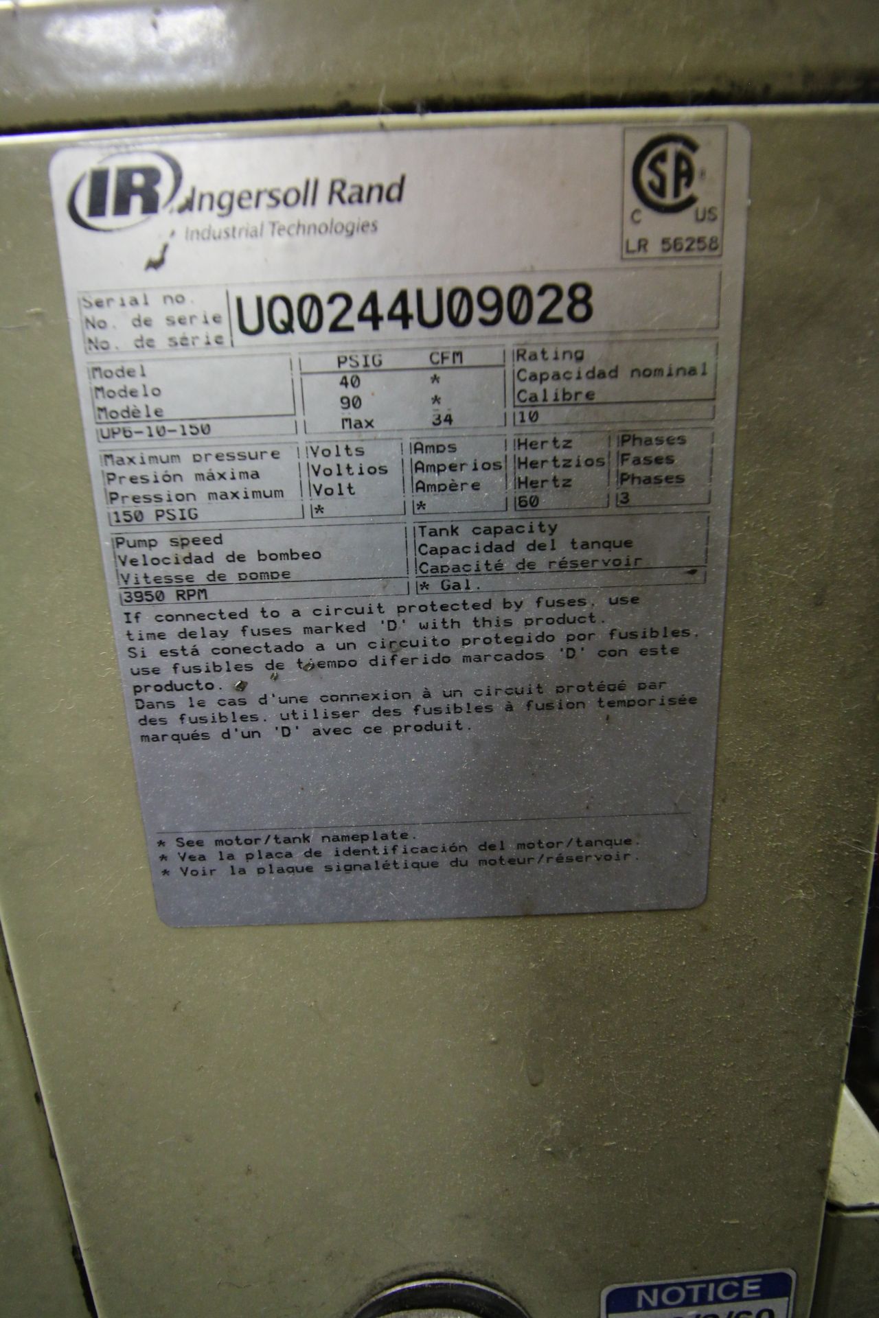 INGERSOLL RAND AIR COMPRESSOR SN UQ0244U09028 - Image 5 of 5