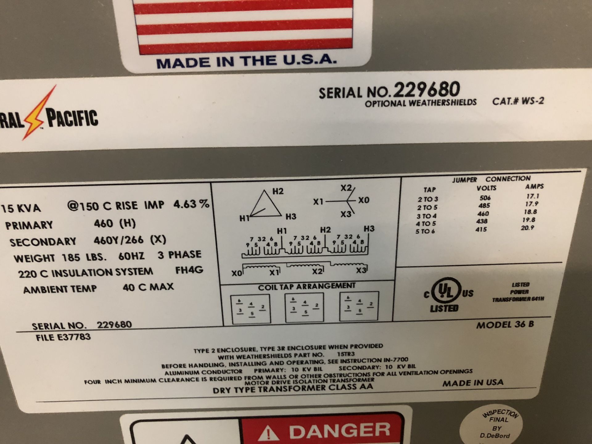 Federal Pacific 15KVA transformer s/n 229680, model 36B - Image 2 of 2