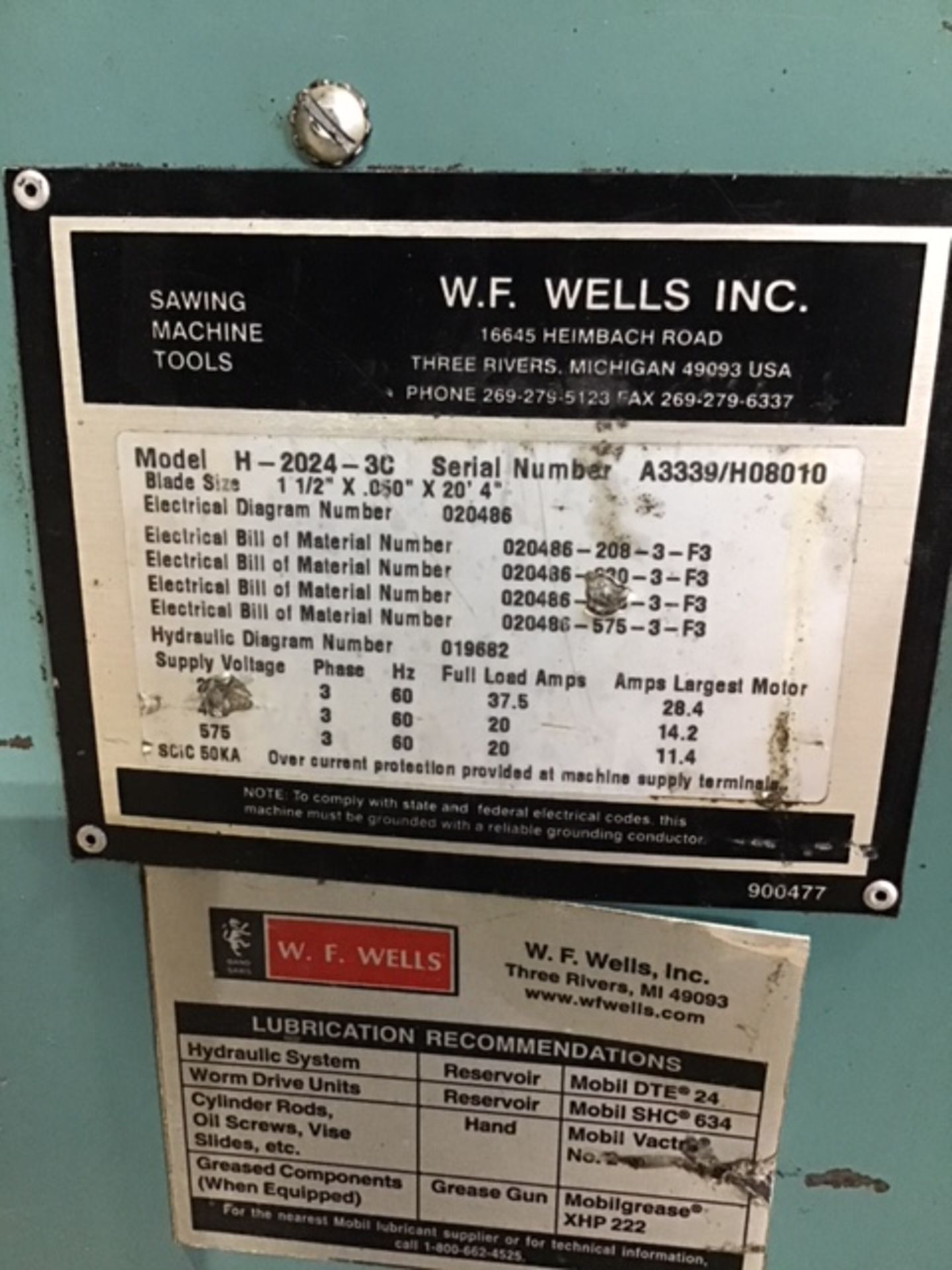 W. F. Wells Sawing Machine Tools H 2024 3C s/n A3339/H08010 3 phase - Image 3 of 5