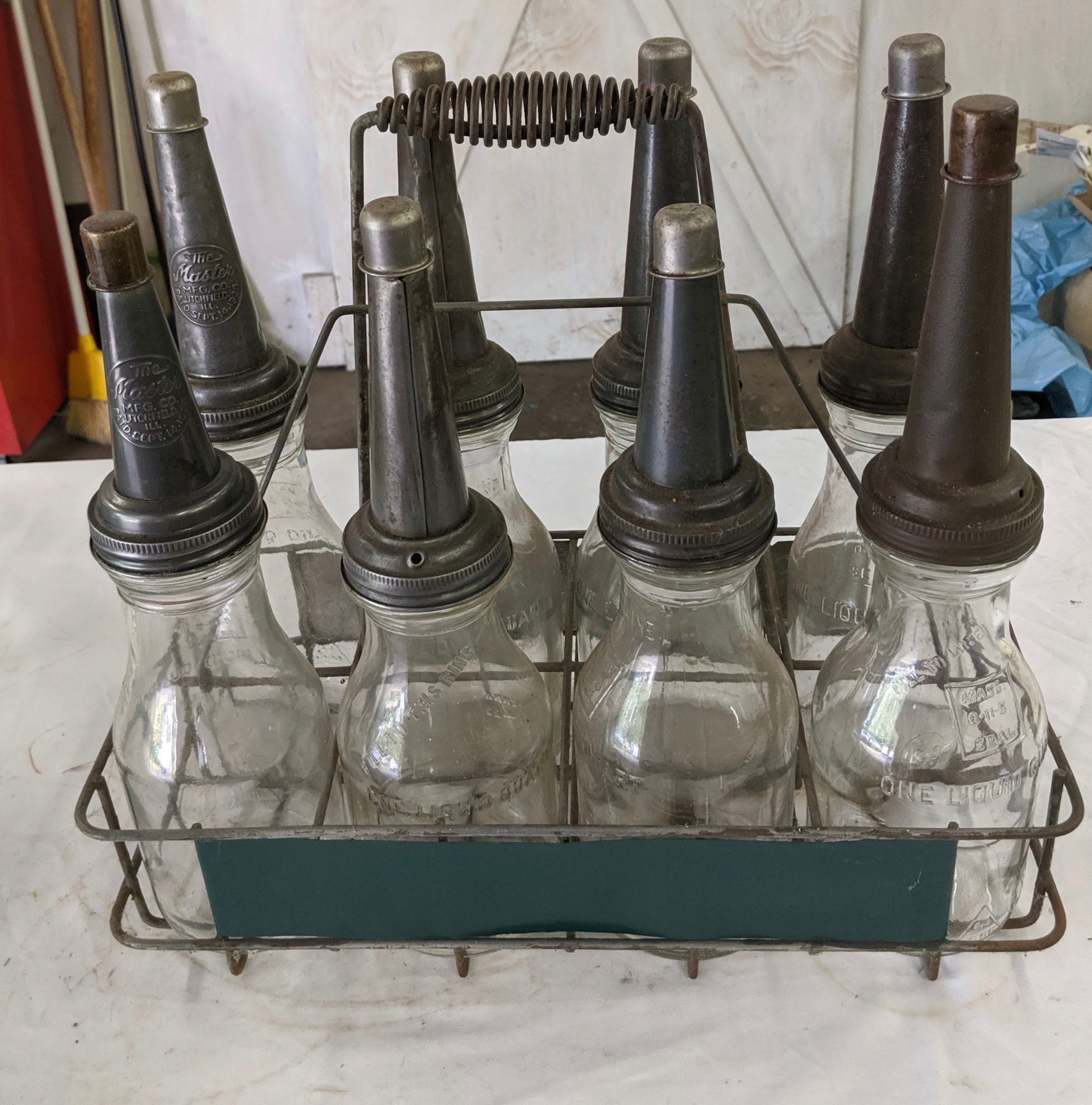 Set of 8 Glass Oil Bottles in Wire Rack Carrier