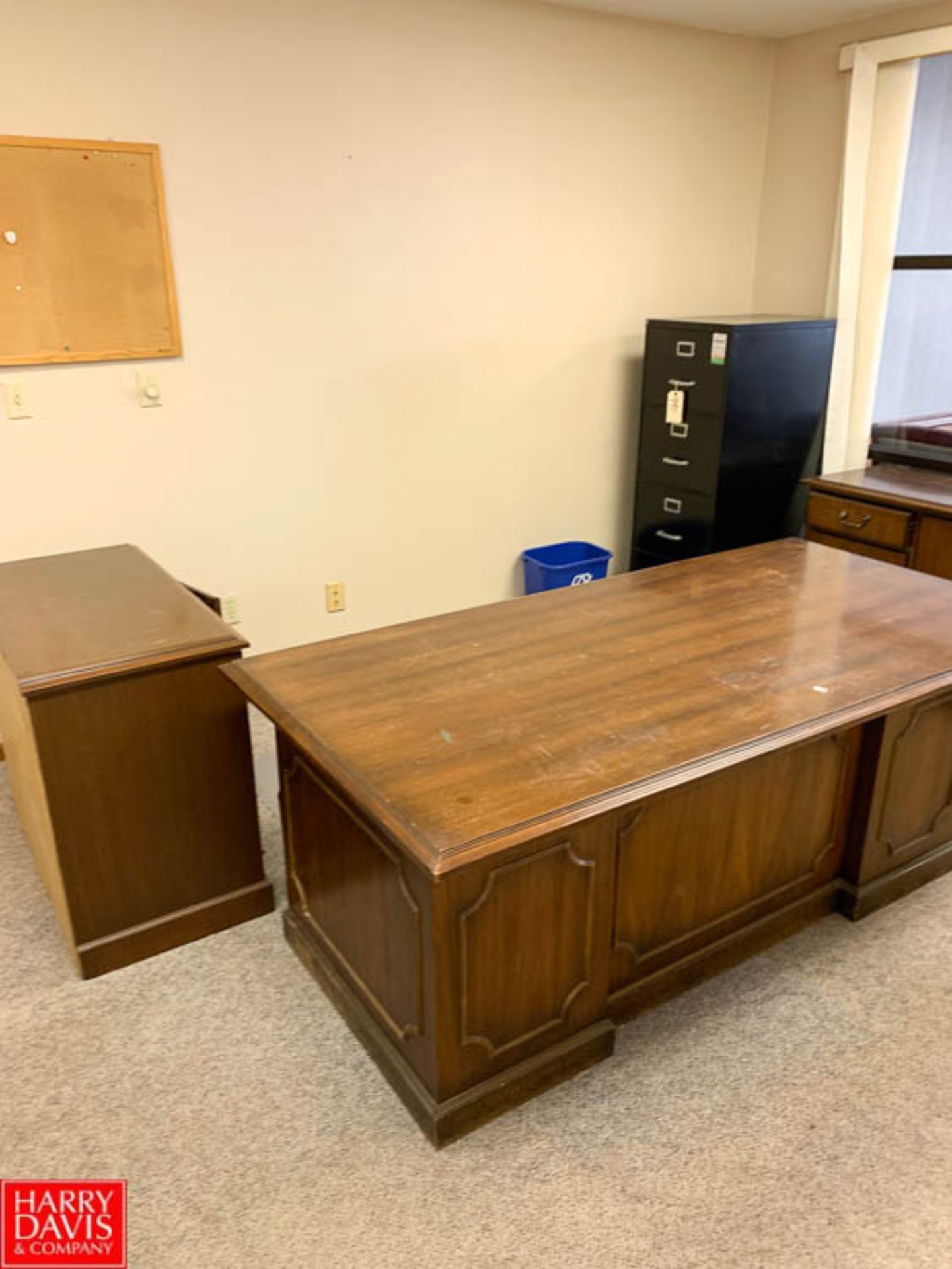 Wooden Desk, Credenza, Base Cabinet, and 4-Drawer File Cabinet - Rigging Fee: $ 35