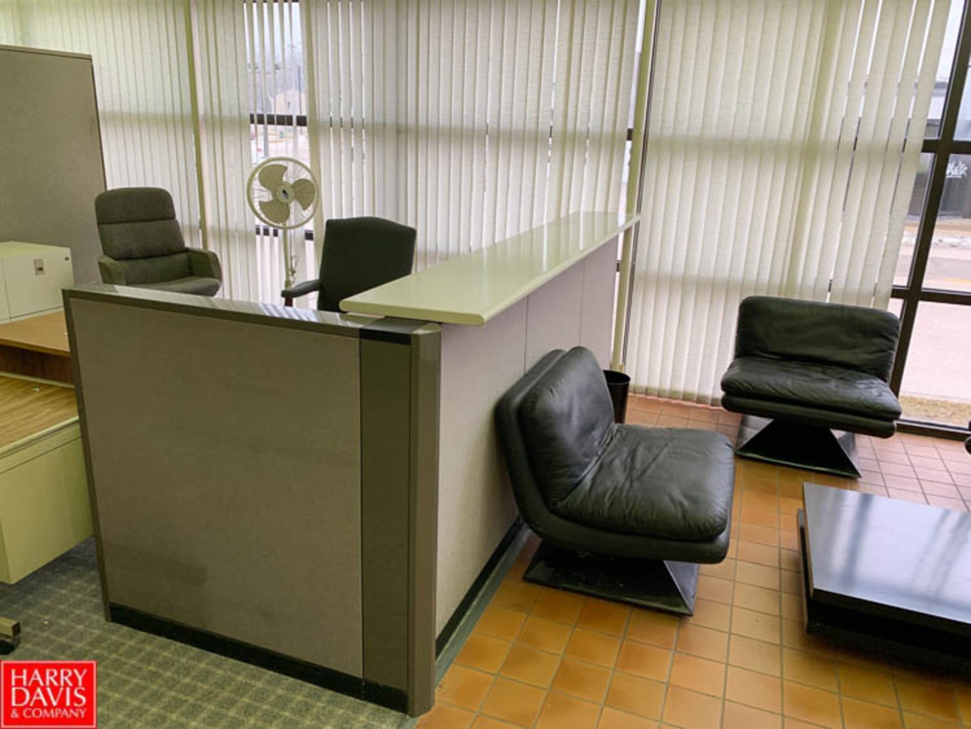 Reception Area with (4) Chairs, Square Table, (2) Arm Chairs, Desk Counter Lateral File and File