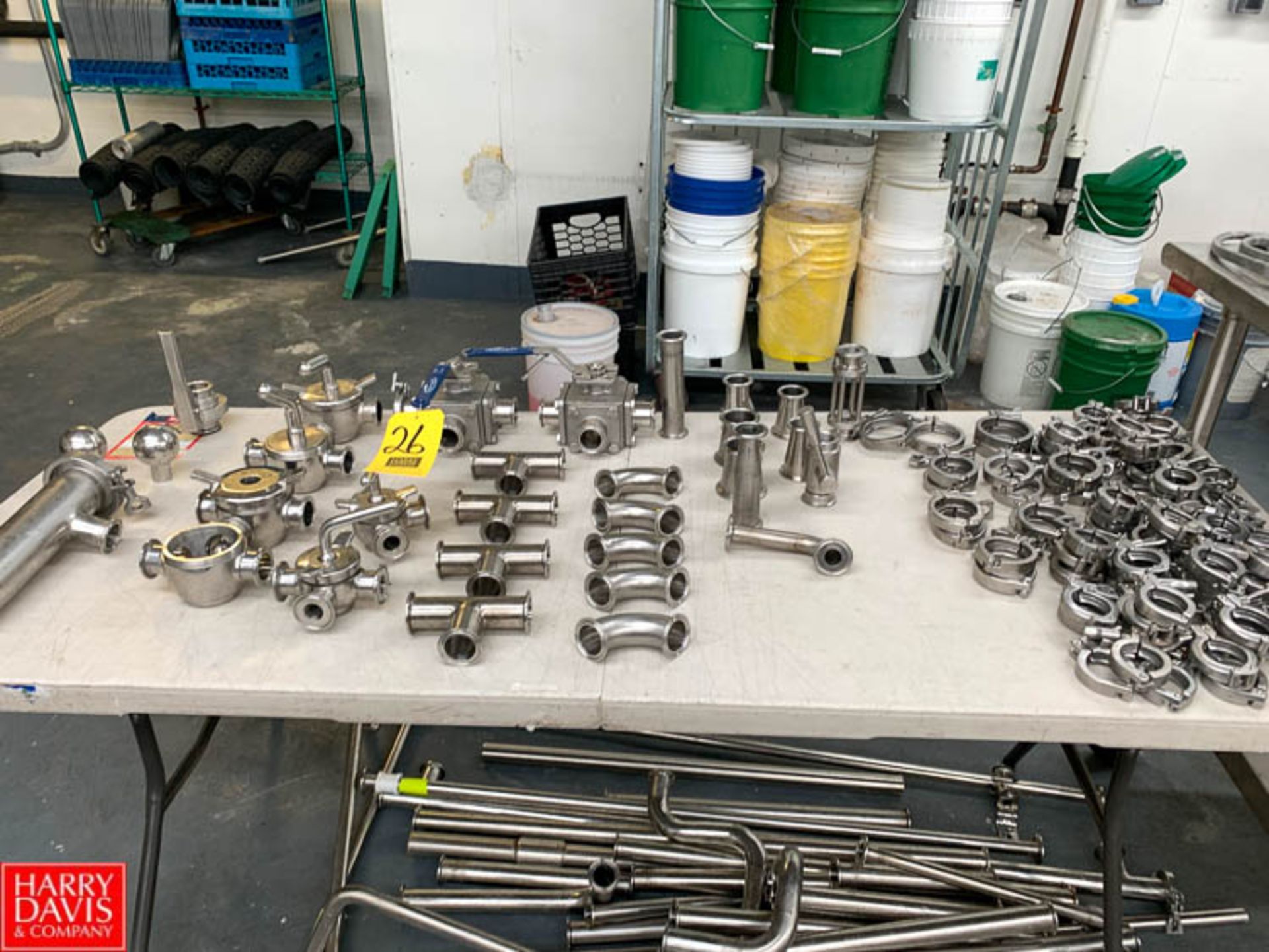 Large Lot: Assorted S/S 90° Elbows, 1.5" S/S 3-Way Valves and S/S Clamps Location: Long Island City,