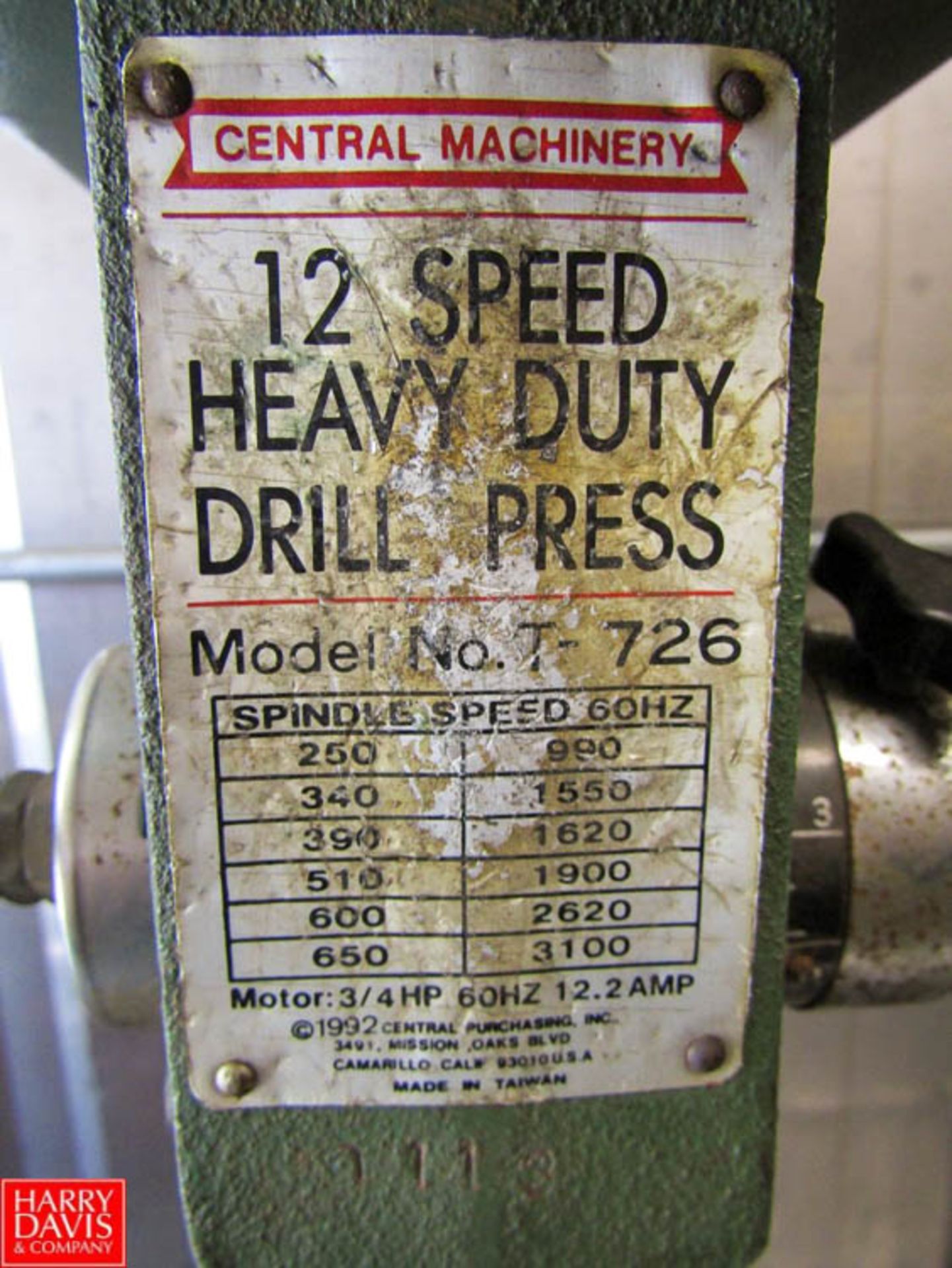 Central Machinery 12" Benchtop Drill Press Model T-726 Rigging Fee: $ 50 - Image 2 of 3