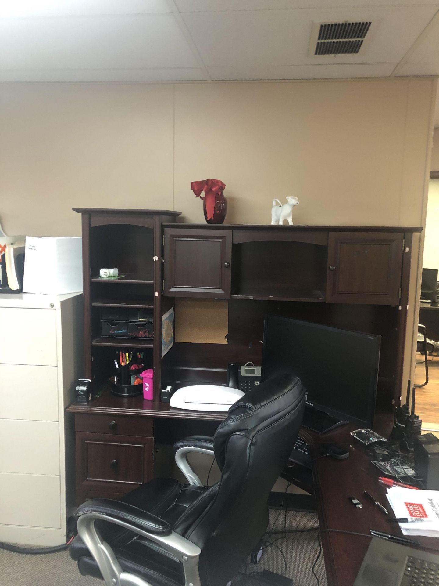 Desk with Monitor and 4 Draw Filing Cabinet