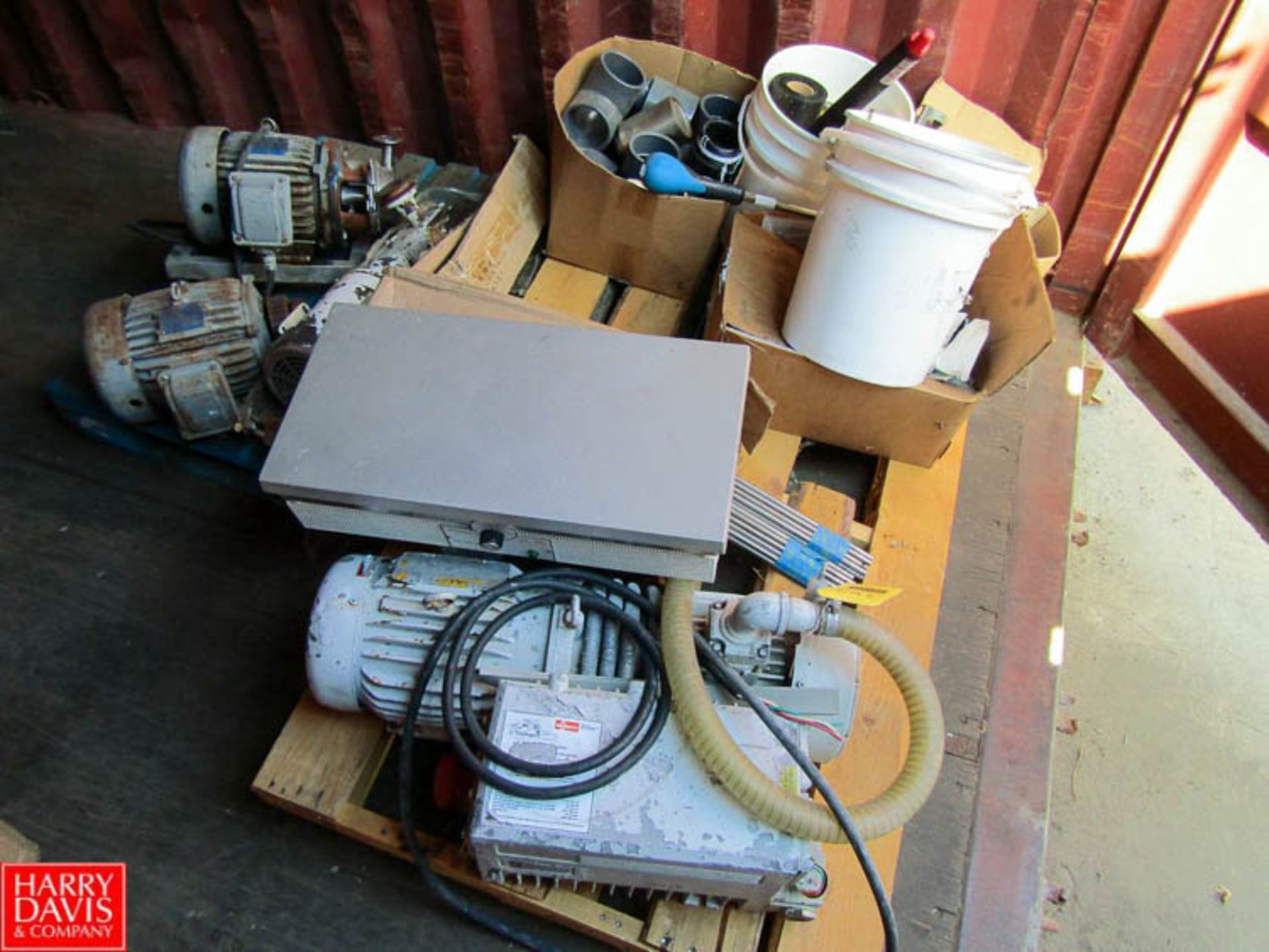 Pallet of Misc. Motors Pumps Hot Plate & PVC Fittings Rigging Fee: $ 50