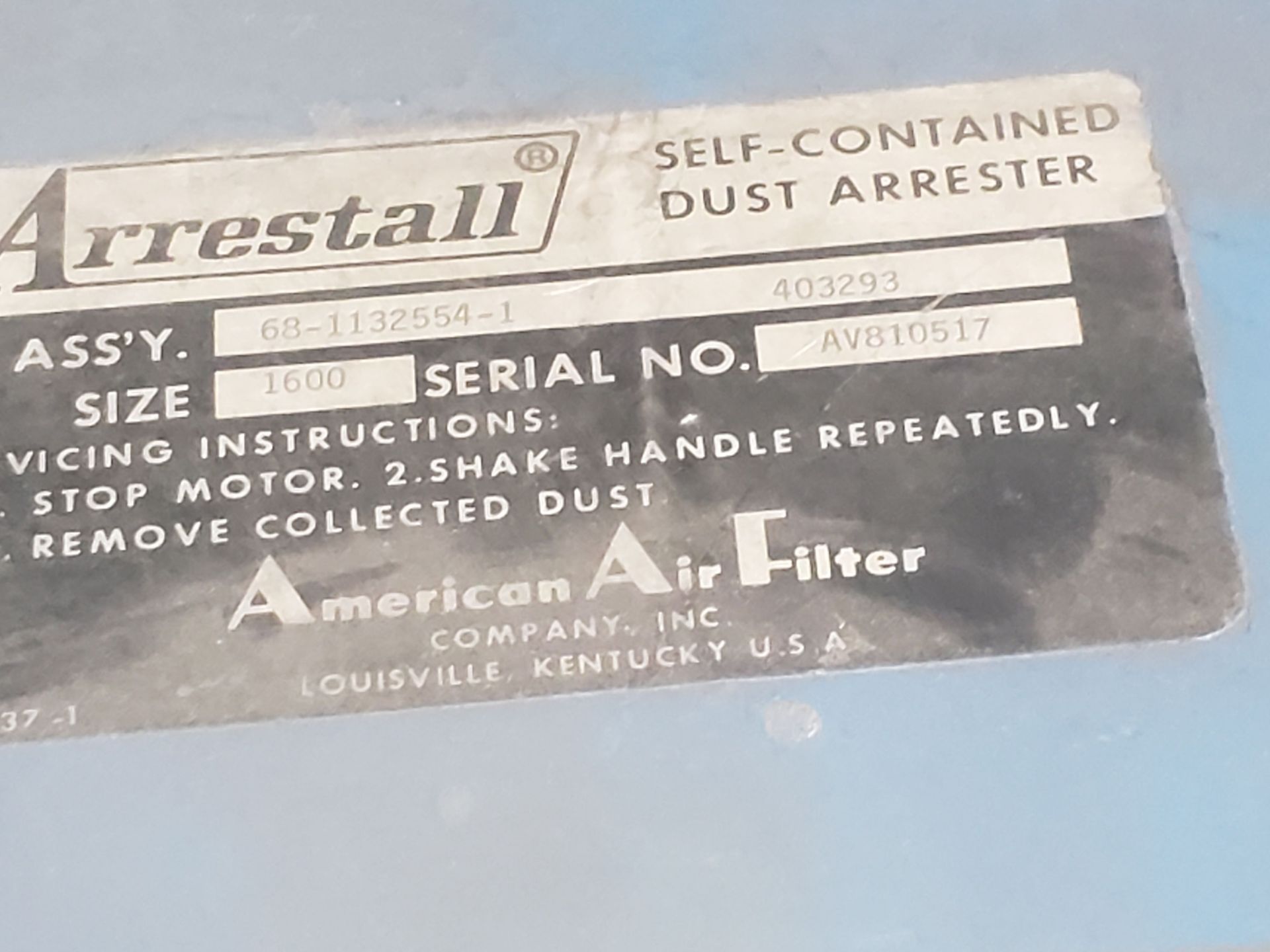 AMERICAN AIR FILTER ARRESTALL DUST COLLECTOR SIZE 1600, SN AV810517, ASSY NO 68-1132554-1 403293, - Image 2 of 2