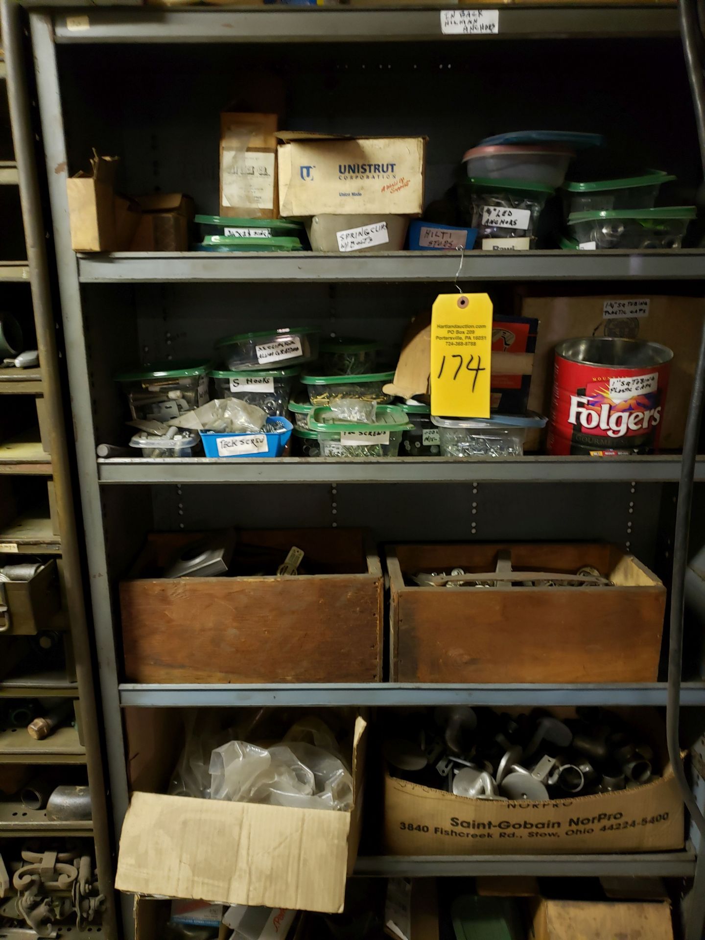 BALANCE OF CONTENTS OF MAINTENANCE ROOM 9 SHELVES & CONTENTS - FASTENERS, ELECTRICAL, FITTINGS,
