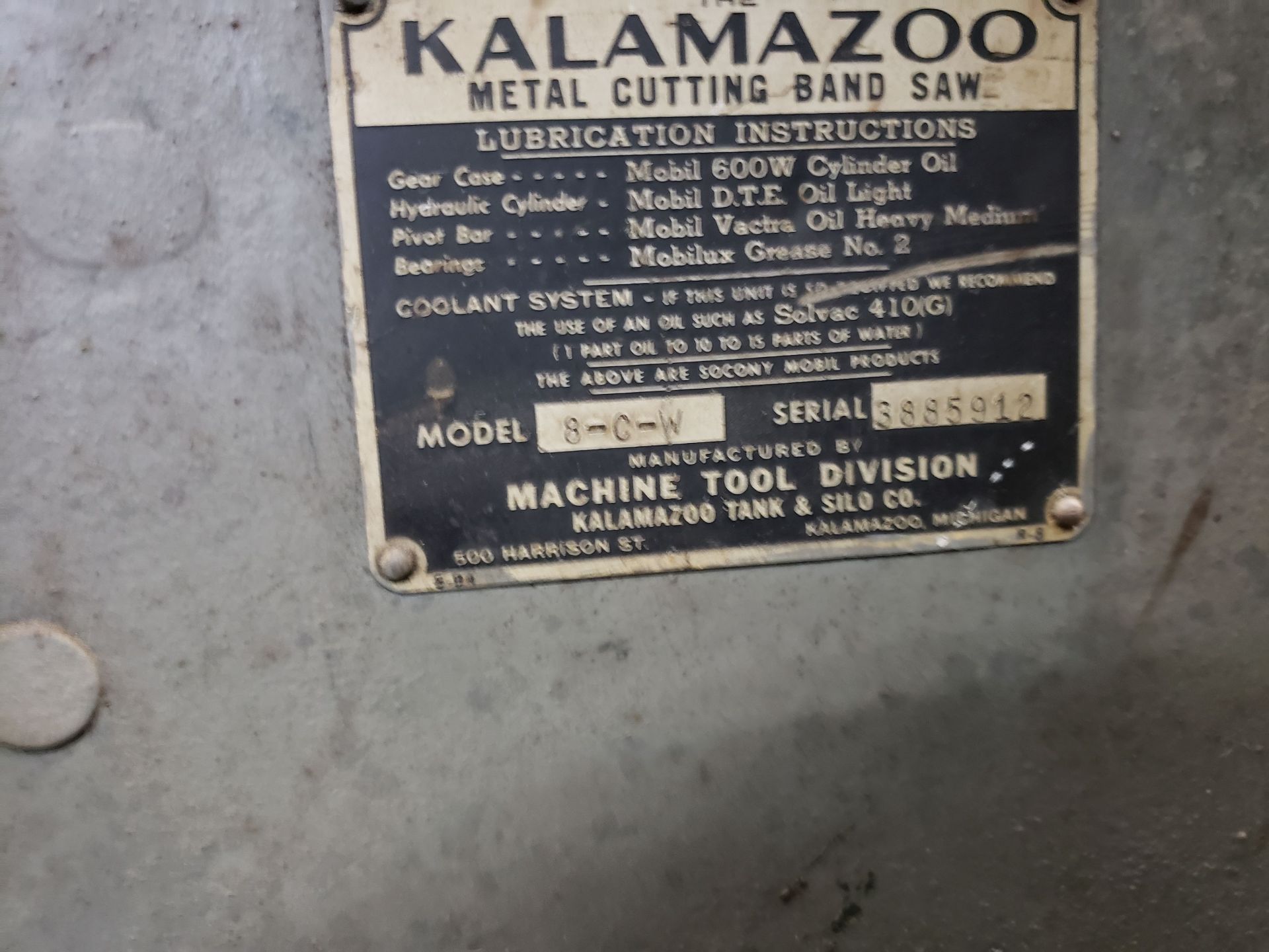 KALAMAZOO HORZ BAND SAW Mo. 8-C-W, 8”x16”, SN 3885912 - Image 2 of 3