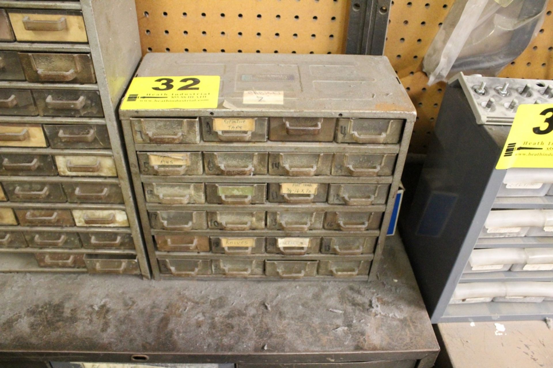 METAL PARTS BIN W/ (24) PLASTIC DRAWERS AND CONTENTS