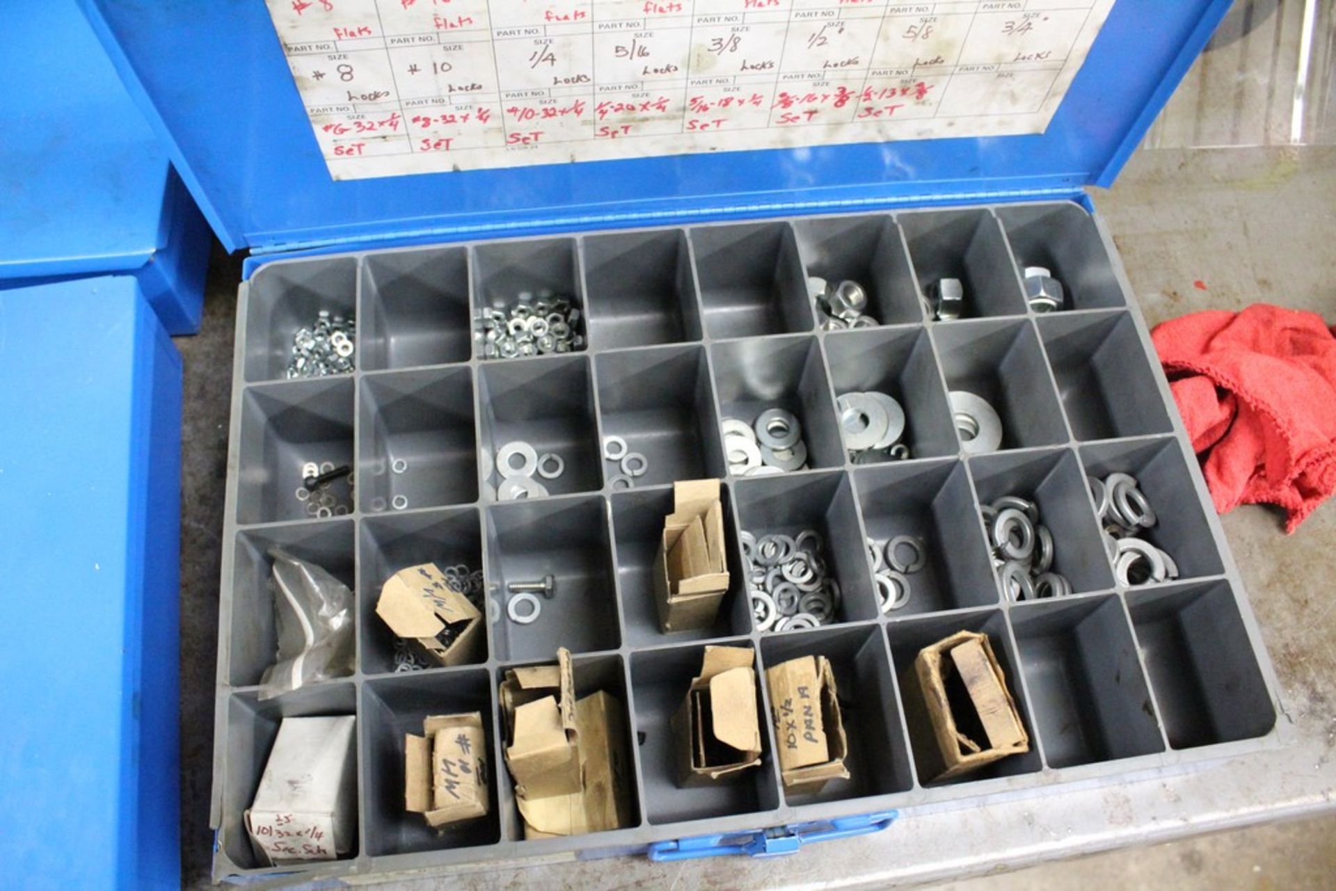 UNADILLA PARTS BIN WITH HEX NUTS, FLAT WASHERS, LOCK WASHERS