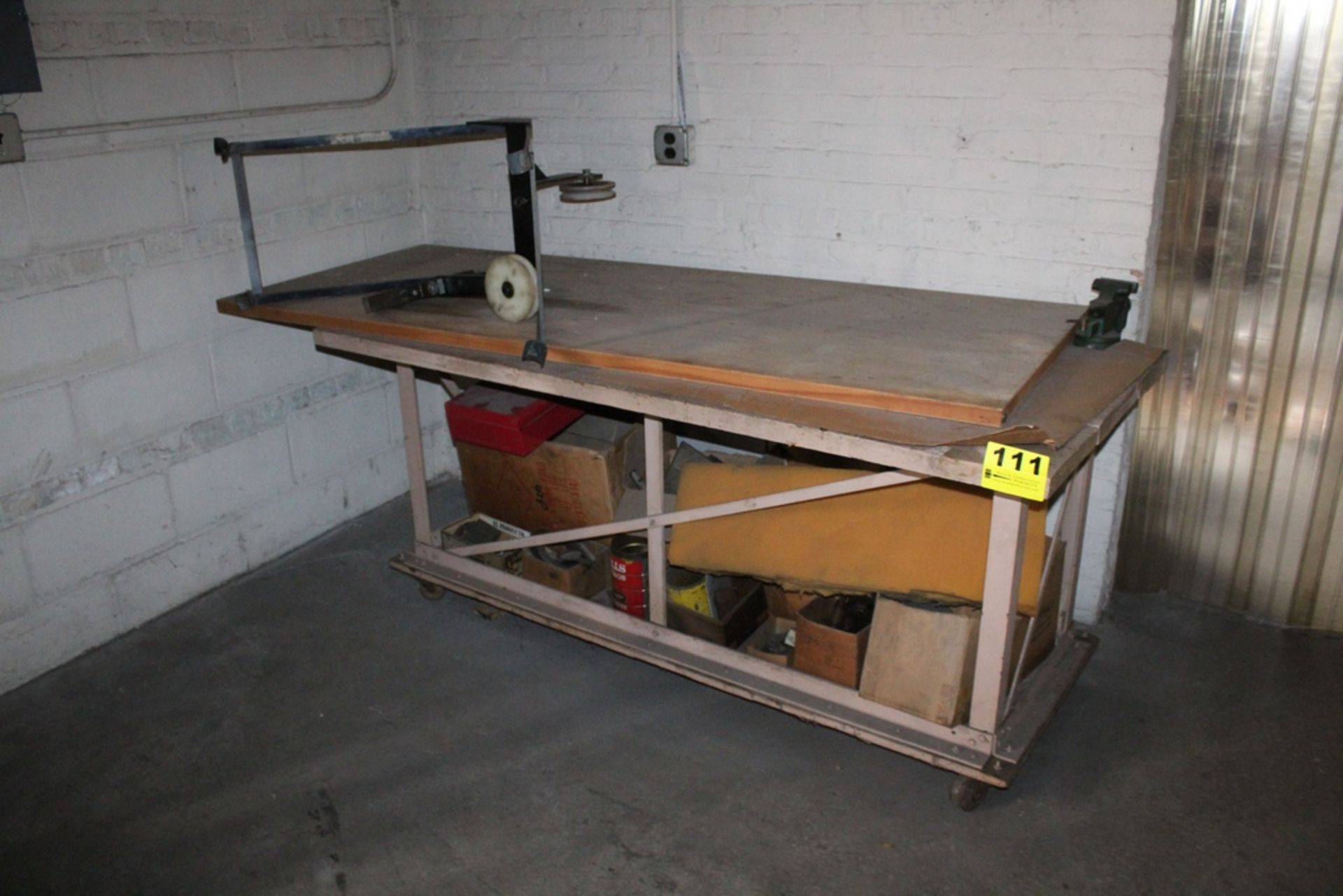PORTABLE WORK TABLE 7' X 34" X 31" WITH DUNLAP 3 1/4" VISE