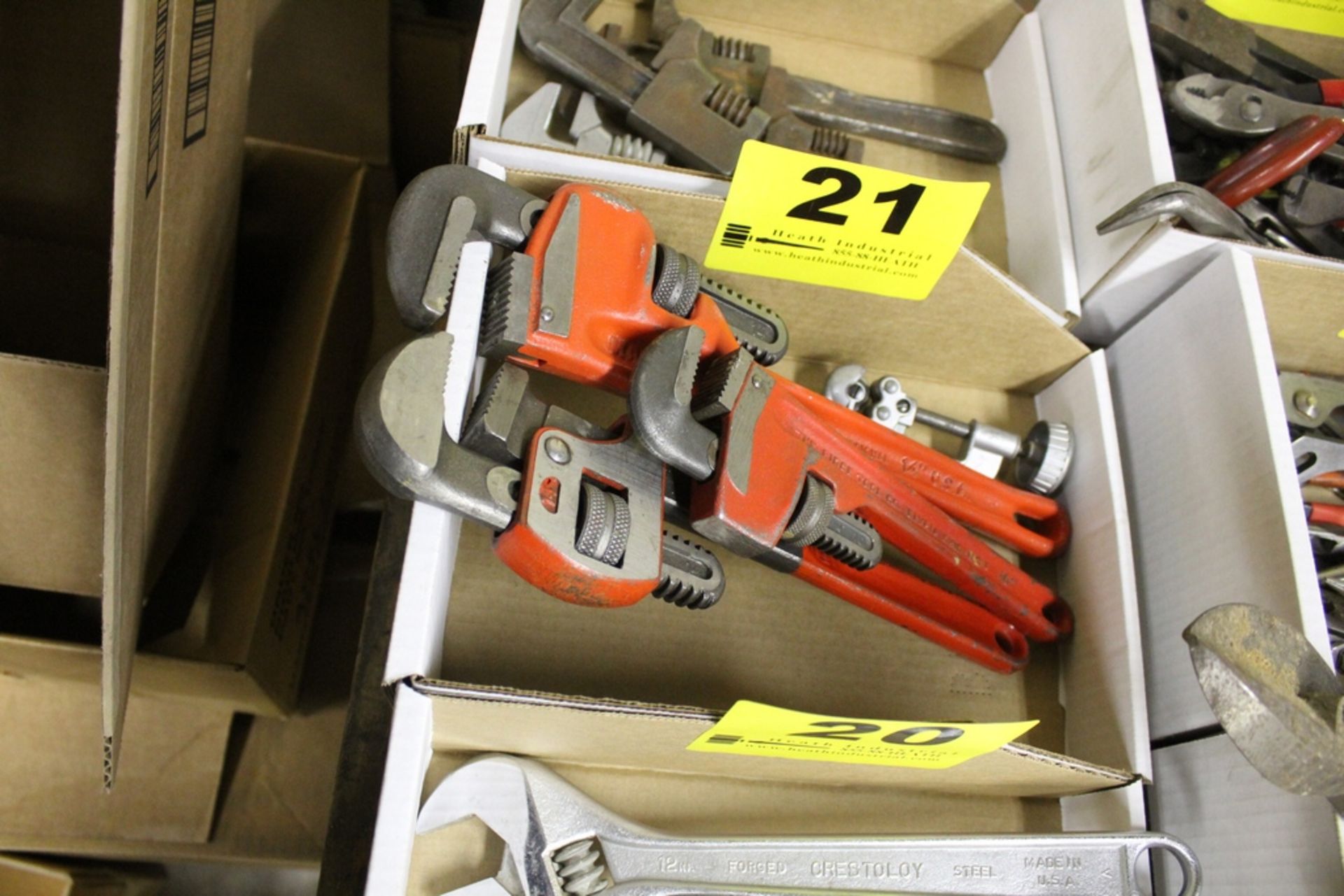 LOT OF (3) PIPE WRENCHES 10" TO 14" AND TUBING CUTTER