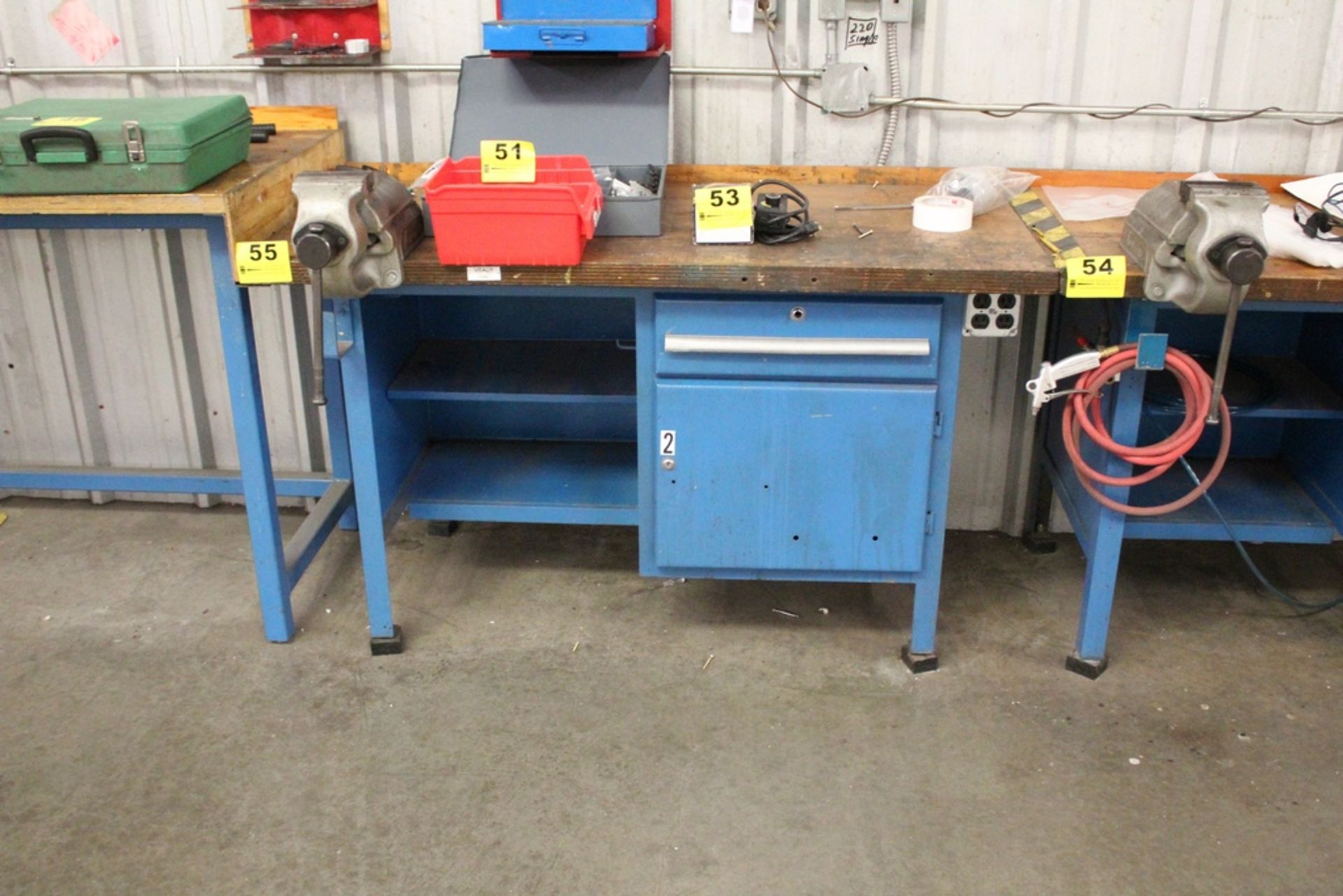 WOOD TOP WORK BENCH 27-1/2" D X 60" W, SINGLE DRAWER, SINGLE DOOR, WITH GARANT 5" BENCH VISE,