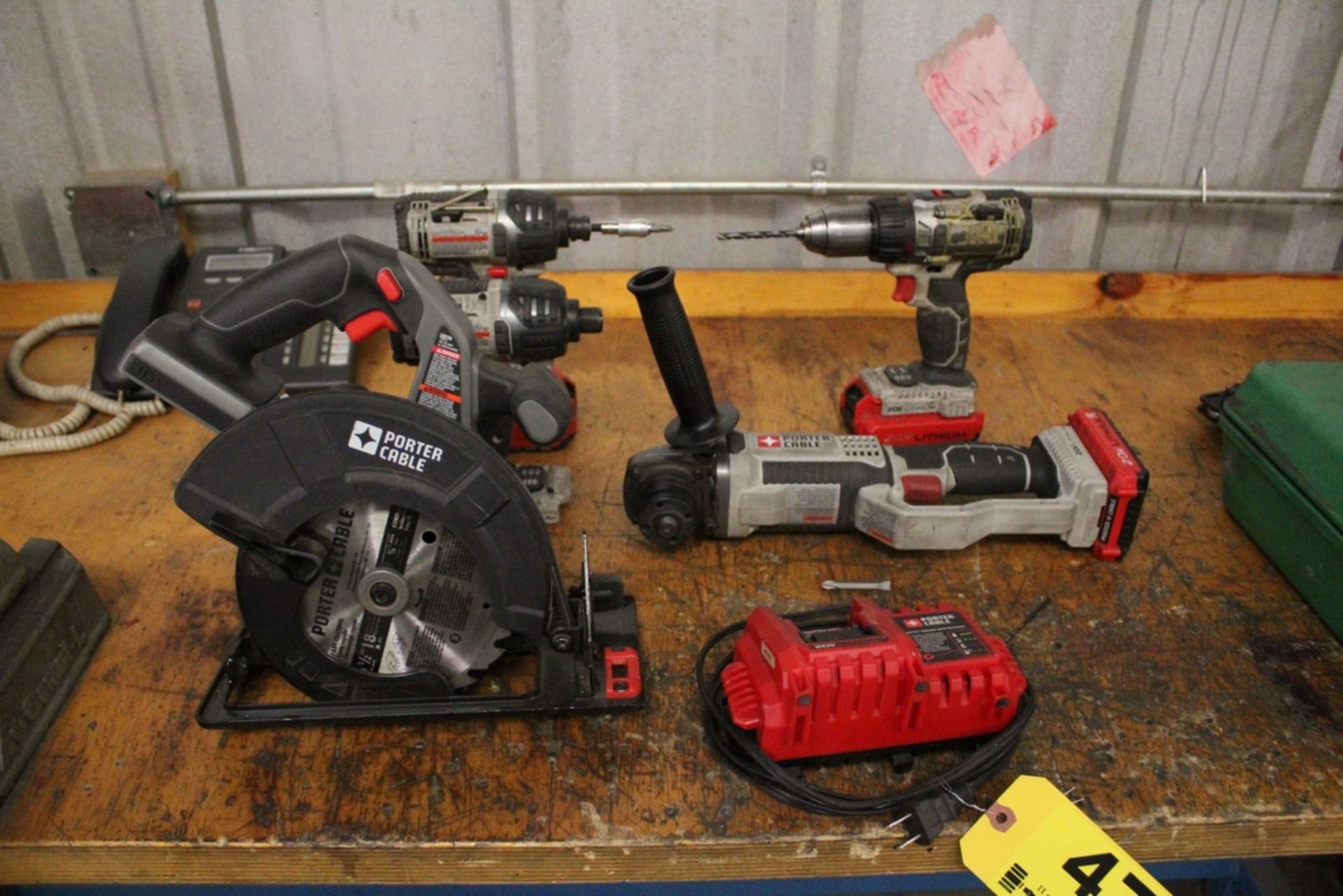 PORTER CABLE 8 PIECE 20 VOLT LITHIUM TOOL SET, (2) DRILLS, HAMMER DRILL, RIGHT ANGLE GRINDER,