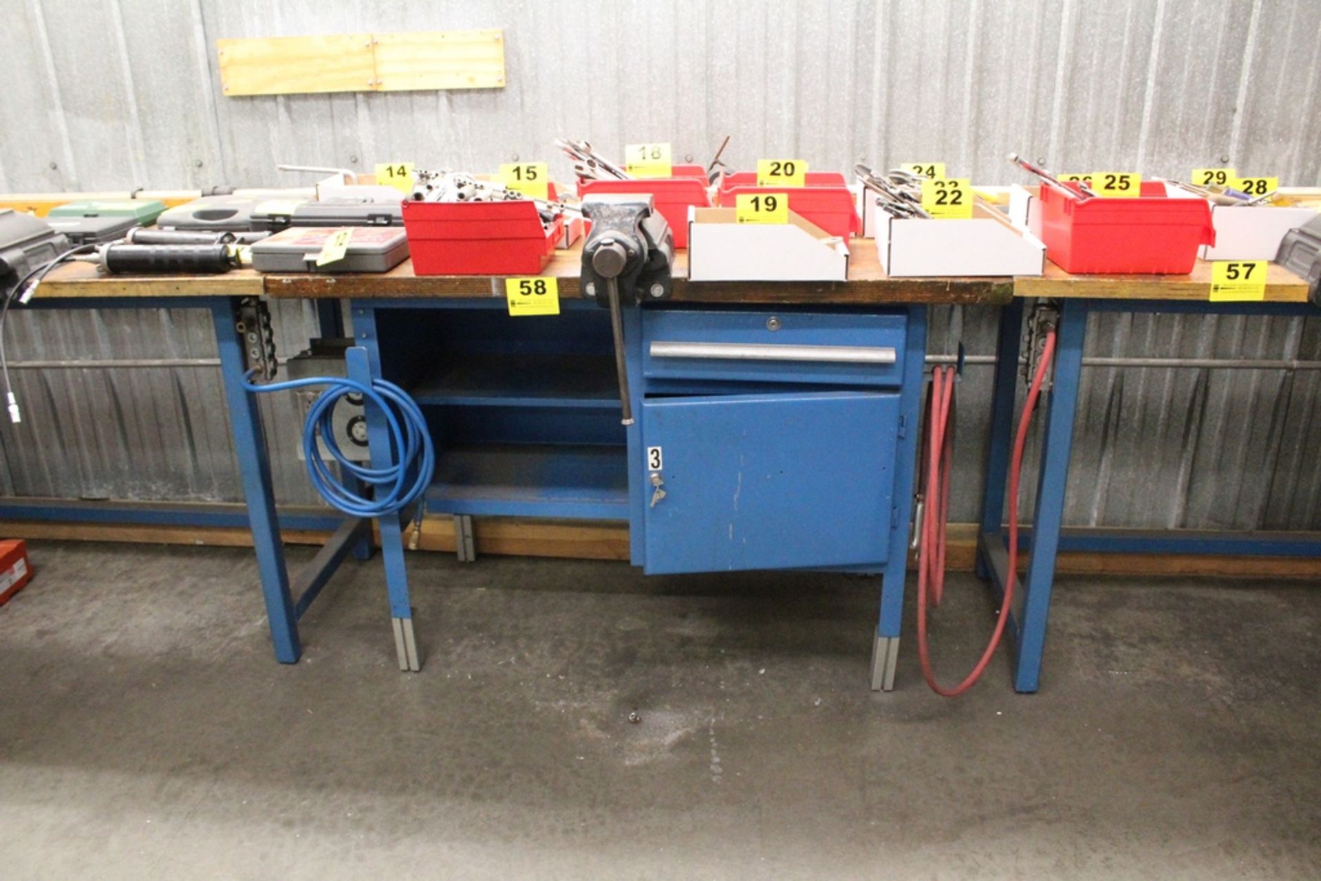 WOOD TOP WORK BENCH 27-1/2" D X 57" L, SINGLE DRAWER, SINGLE DOOR, WITH GARANT 5" BENCH VISE