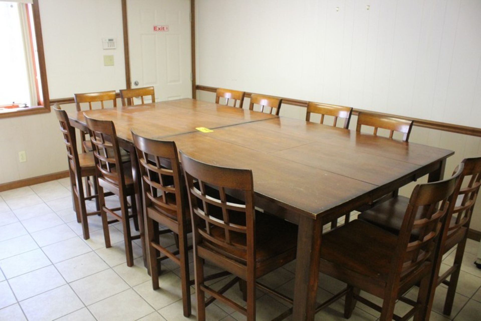 RAISED MEETING TABLE 9' X 54" X 36" TALL WITH 12 STOOL WITH BACKS