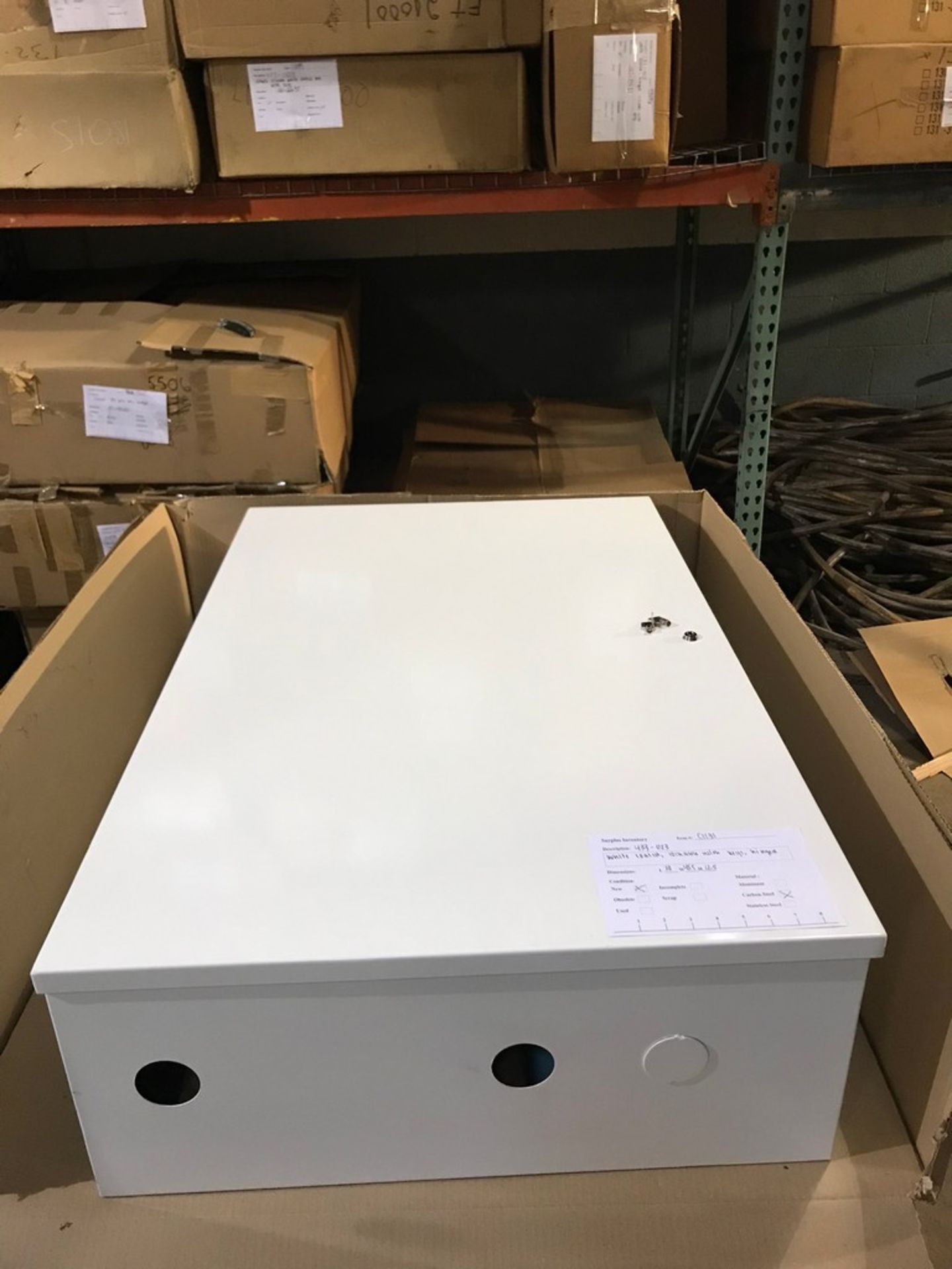 METAL CABINET , CARBON STEEL, CONDITION NEW 30 X 45.5 X 12.5 WHITE COATED, LOCKABLE WITH KEYS,