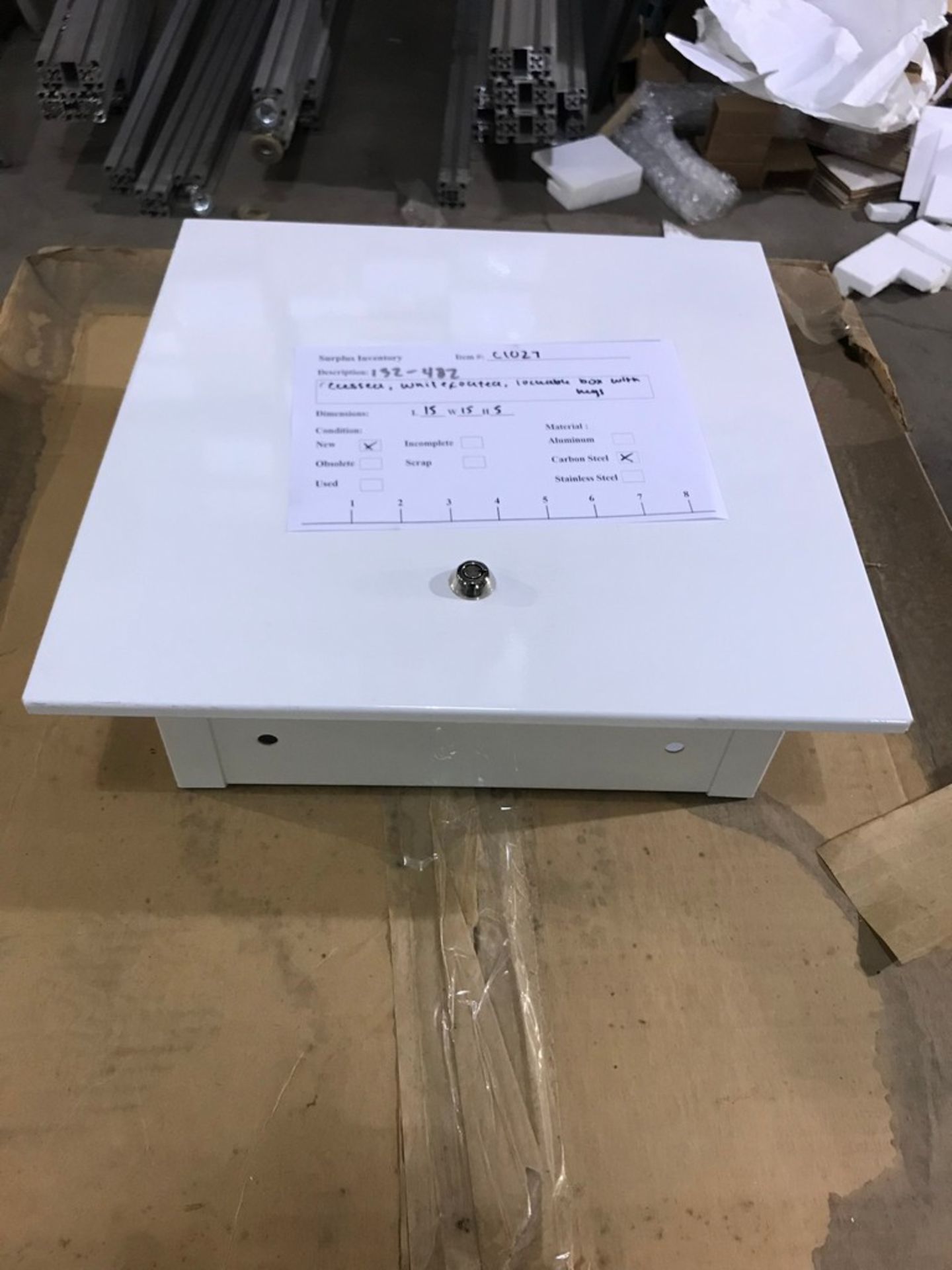 METAL CABINET , CARBON STEEL, CONDITION NEW 15 X 15 X 5 RECESSED, WHITE COATED, LOCKABLE BOX WITH