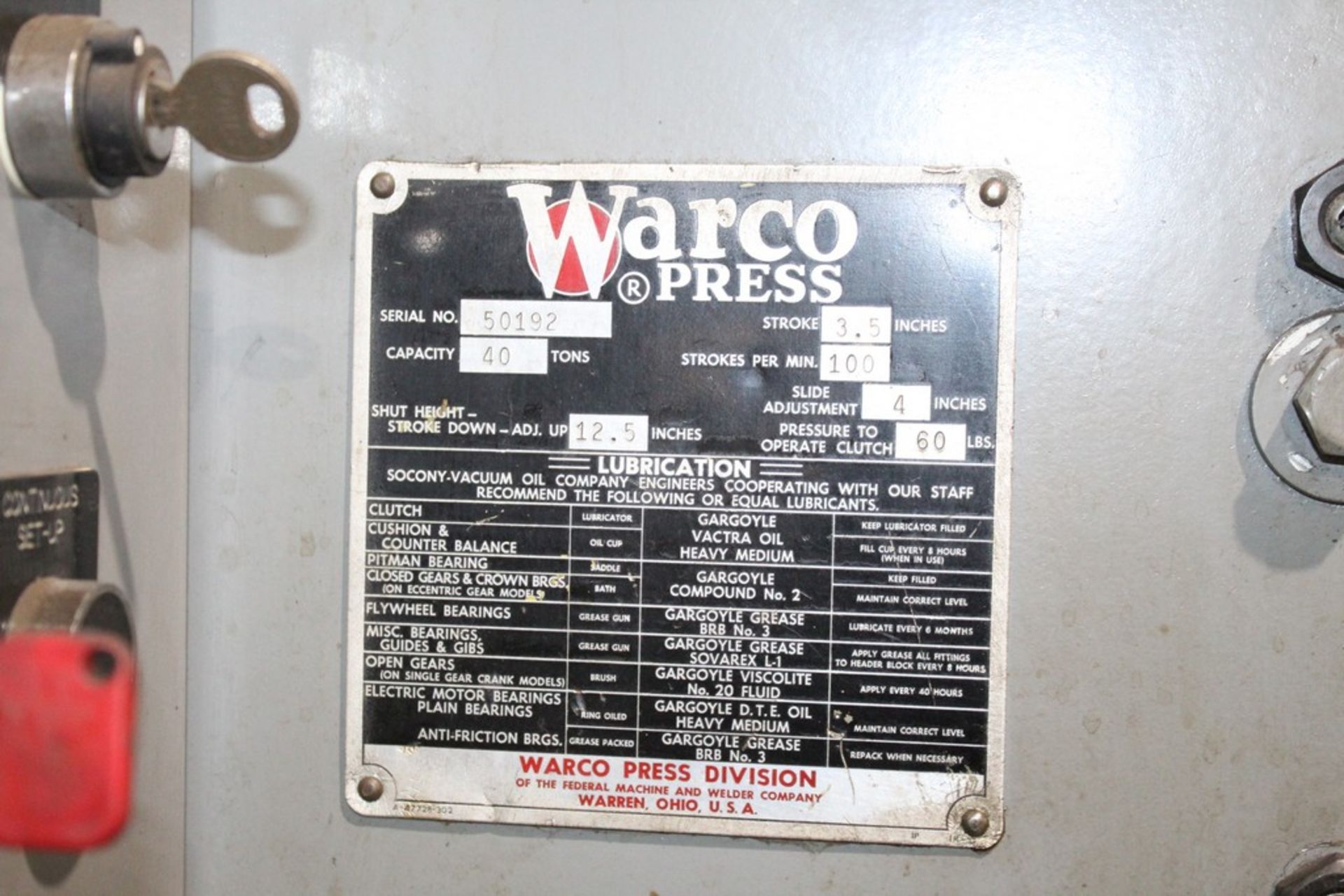 WARCO 40 TON C-FRAME PRESS, 3.5" STROKE, 100 STROKES PER MINUTE, S/N 50192 (RAPTOR TECH WILL LOA - Image 2 of 7