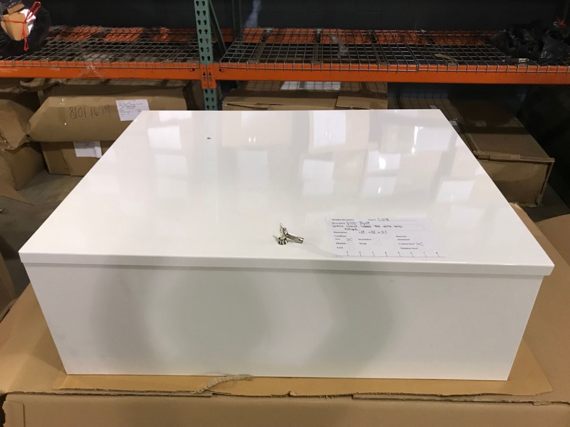 METAL CABINET , CARBON STEEL, CONDITION NEW 39 X 32 X 13.5 WHITE COATED, LOCKABLE BOX WITH KEYS,