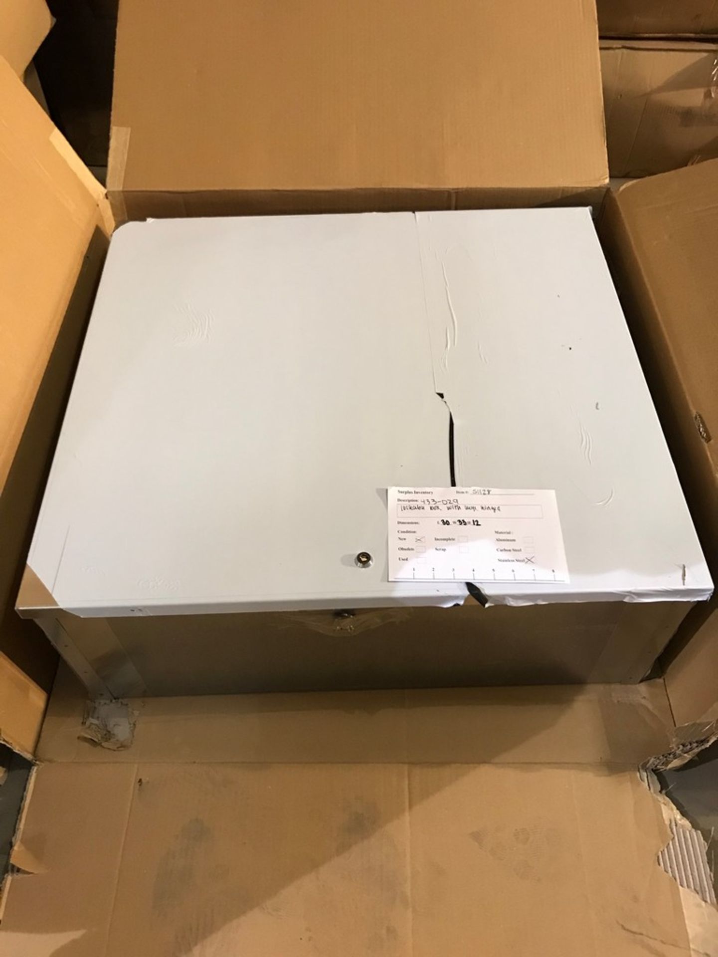 METAL CABINET , STAINLESS STEEL, CONDITION NEW 45 X 35 X 13 LOCKABLE BOX WITH KEYS, HINGED, RECESSED