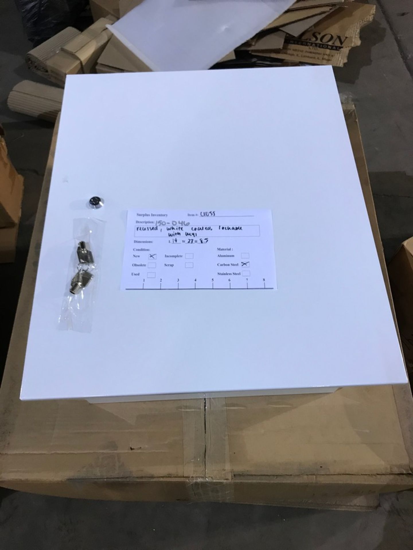 METAL CABINET , CARBON STEEL, CONDITION NEW 19 X 23 X 8.5 RECESSED, WHITE COATED, LOCKABLE BOX